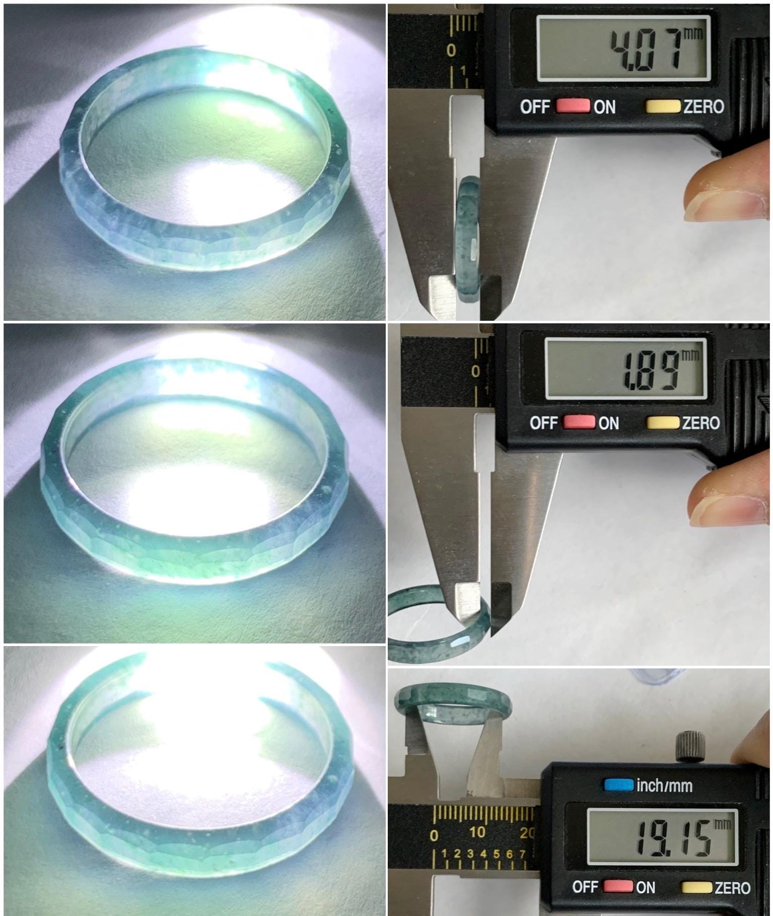 Natural Grade A Guatemalan Icy Highly Translucent Aegean Blue Jade Jadeite Faceted Band Ring Size 9 US 天然冰危牛仔蓝起光翡翠切割面戒圈 QGM220A