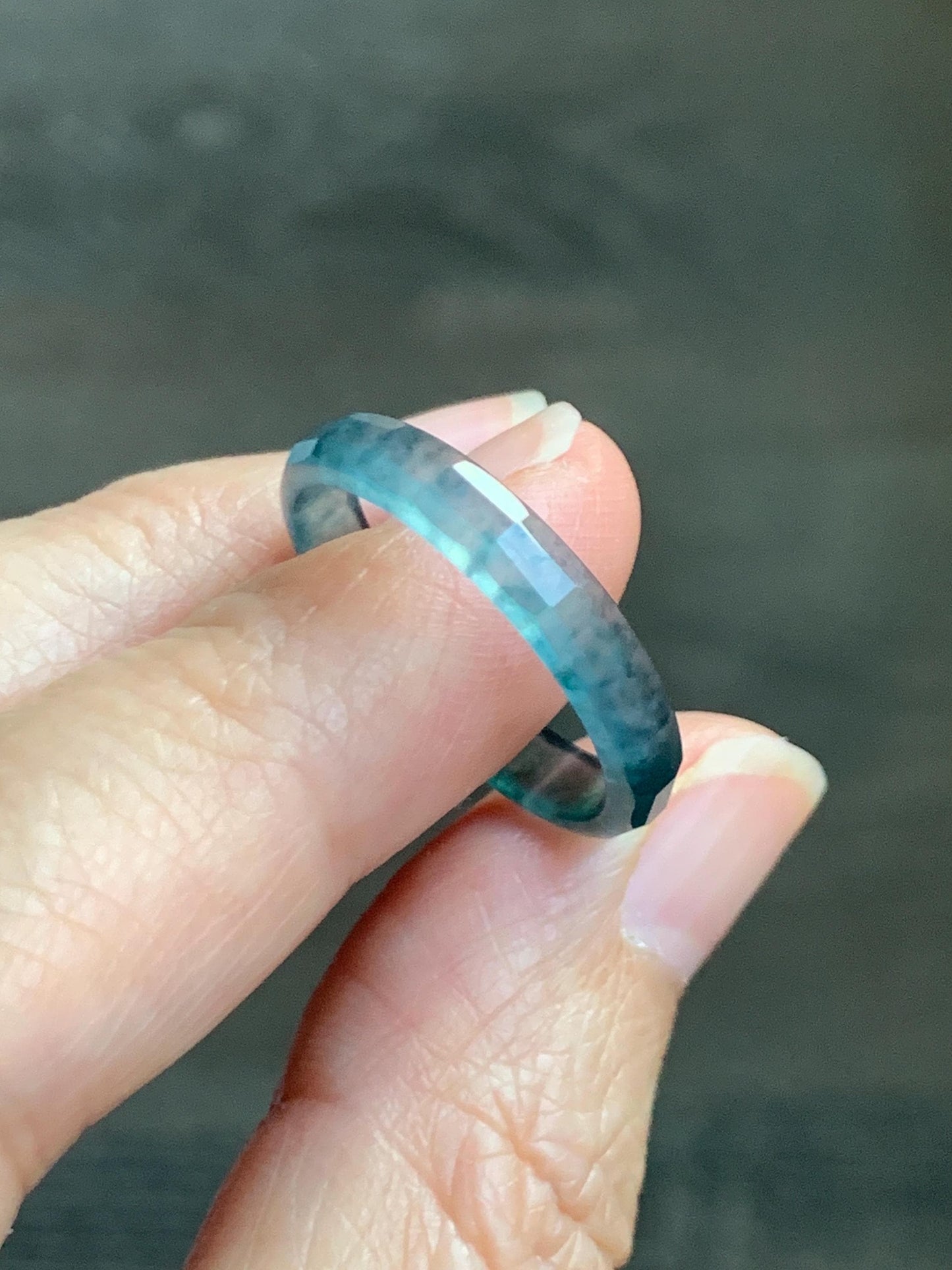 Natural Grade A Guatemalan Icy Highly Translucent Aegean Blue Jade Jadeite Faceted Band Ring Size 9 US 天然冰危牛仔蓝起光翡翠切割面戒圈 QGM220A
