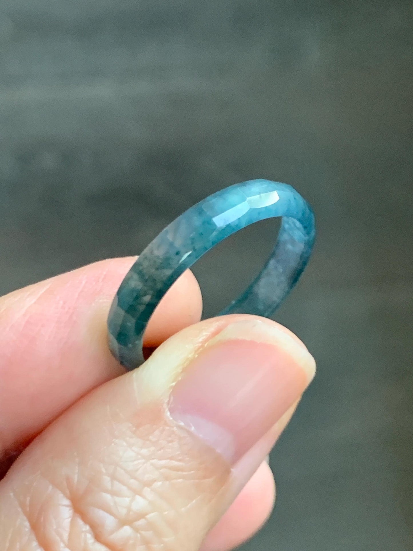 Natural Grade A Guatemalan Icy Highly Translucent Aegean Blue Jade Jadeite Faceted Band Ring Size 9 US 天然冰危牛仔蓝起光翡翠切割面戒圈 QGM220A