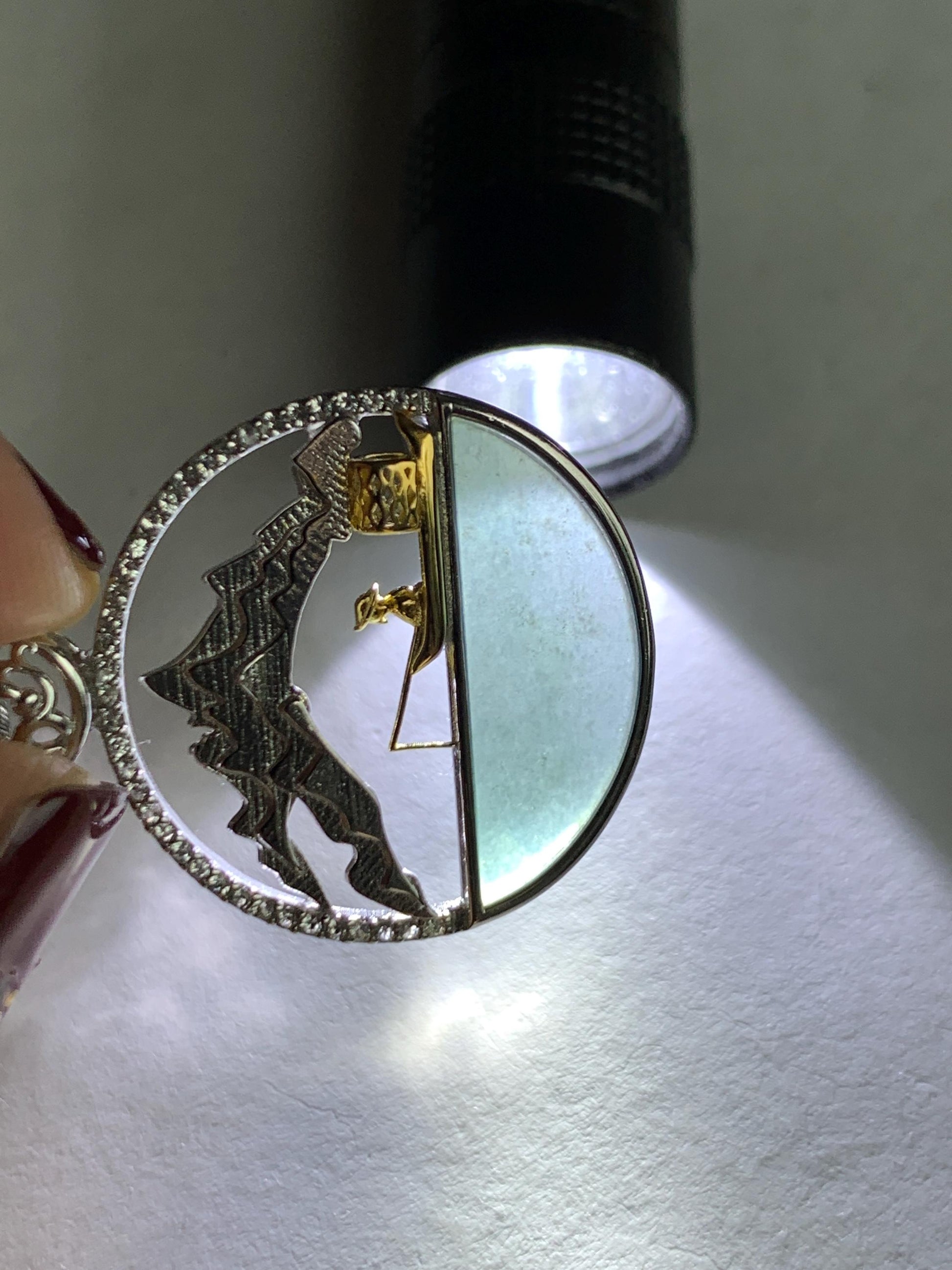 Natural Grade A Guatemalan Icy Highly Translucent Blue Half Moon Jade Jadeite Shan Shui Pendant Sterling Silver 3g 天然高冰危蓝翡翠半圆无事牌山水镶嵌吊坠WDY165