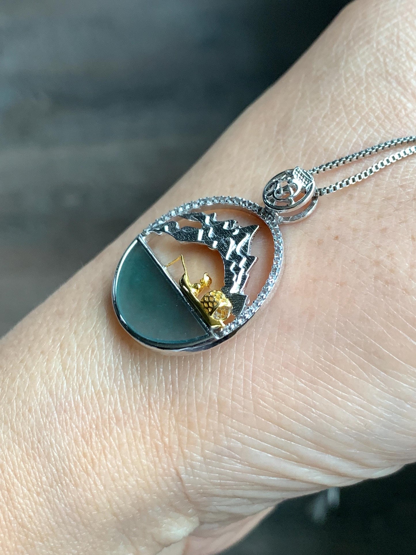 Natural Grade A Guatemalan Icy Highly Translucent Blue Half Moon Jade Jadeite Shan Shui Pendant Sterling Silver 3g 天然高冰危蓝翡翠半圆无事牌山水镶嵌吊坠WDY165