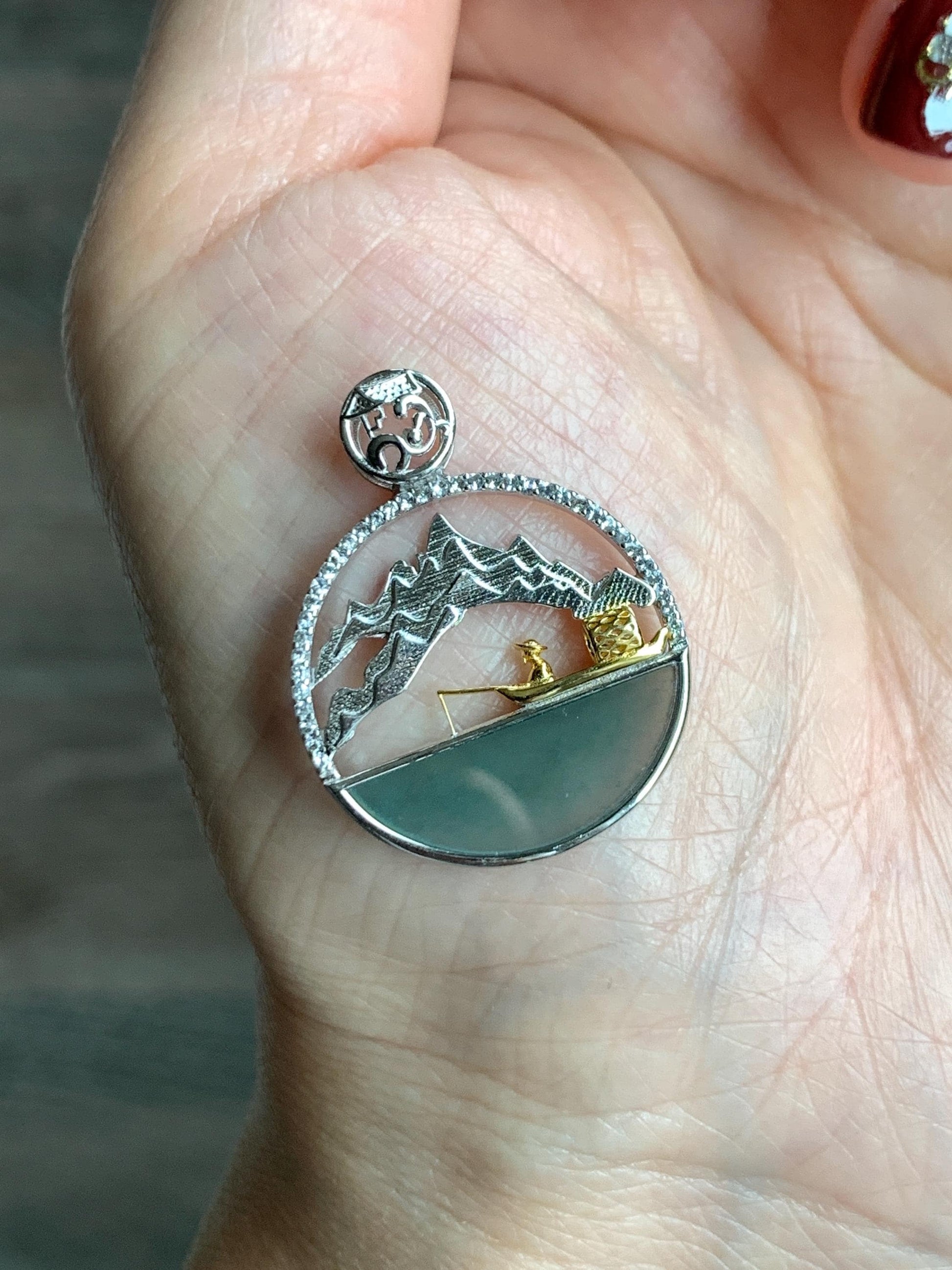 Natural Grade A Guatemalan Icy Highly Translucent Blue Half Moon Jade Jadeite Shan Shui Pendant Sterling Silver 3g 天然高冰危蓝翡翠半圆无事牌山水镶嵌吊坠WDY165