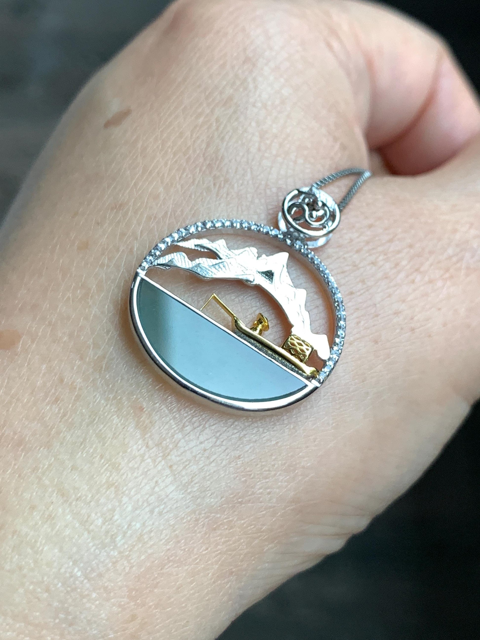 Natural Grade A Guatemalan Icy Highly Translucent Blue Half Moon Jade Jadeite Shan Shui Pendant Sterling Silver 3g 天然高冰危蓝翡翠半圆无事牌山水镶嵌吊坠WDY165