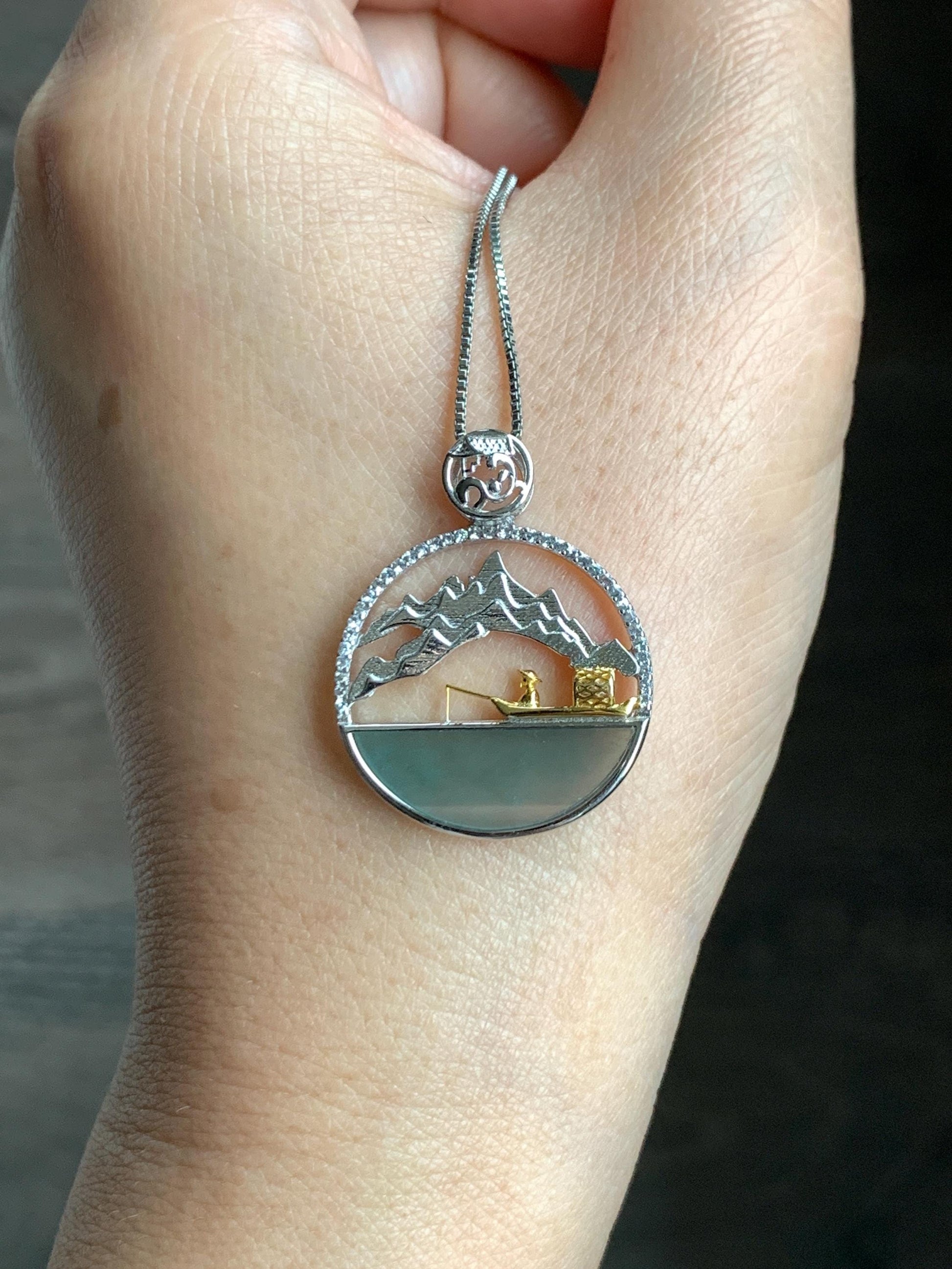 Natural Grade A Guatemalan Icy Highly Translucent Blue Half Moon Jade Jadeite Shan Shui Pendant Sterling Silver 3g 天然高冰危蓝翡翠半圆无事牌山水镶嵌吊坠WDY165