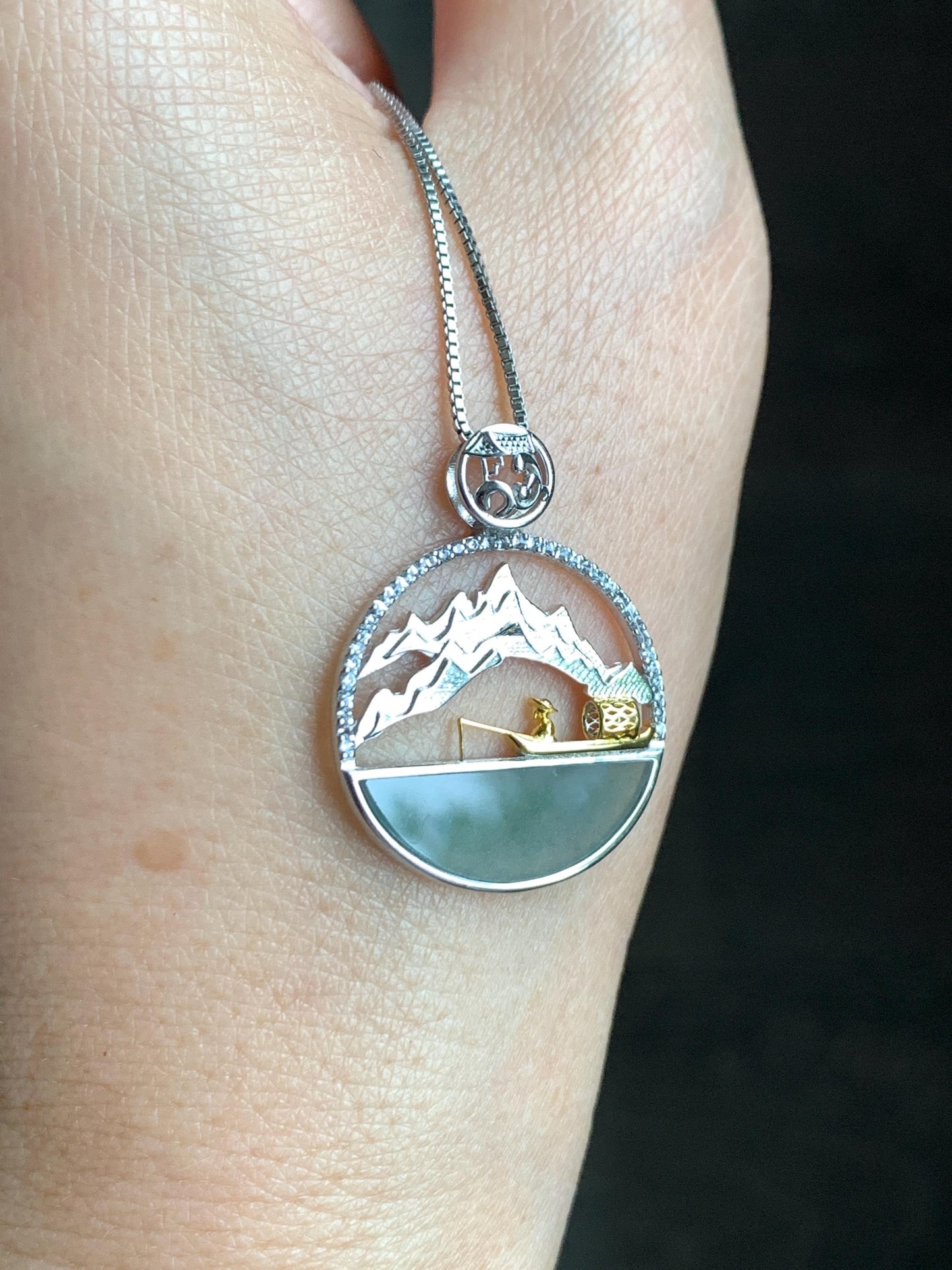 Natural Grade A Guatemalan Icy Highly Translucent Blue Half Moon Jade Jadeite Shan Shui Pendant Sterling Silver 3g 天然高冰危蓝翡翠半圆无事牌山水镶嵌吊坠WDY165