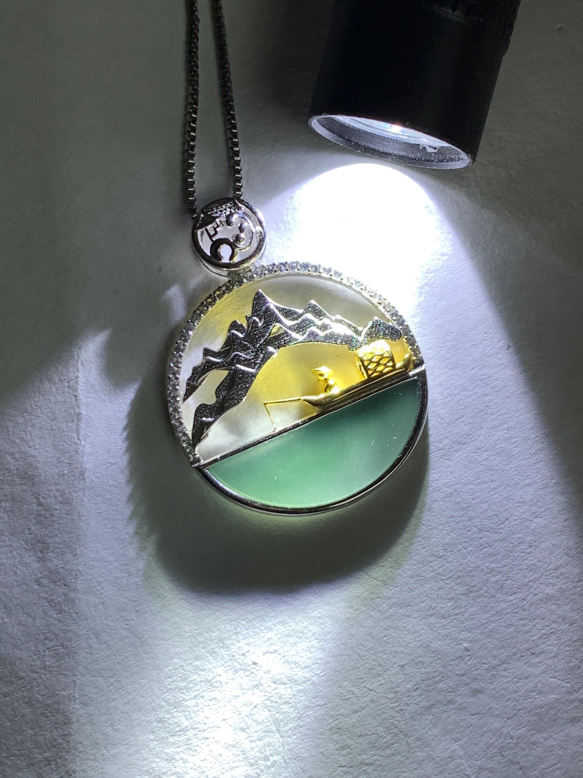 Natural Grade A Guatemalan Icy Highly Translucent Blue Half Moon Jade Jadeite Shan Shui Pendant Sterling Silver 3g 天然高冰危蓝翡翠半圆无事牌山水镶嵌吊坠WDY165