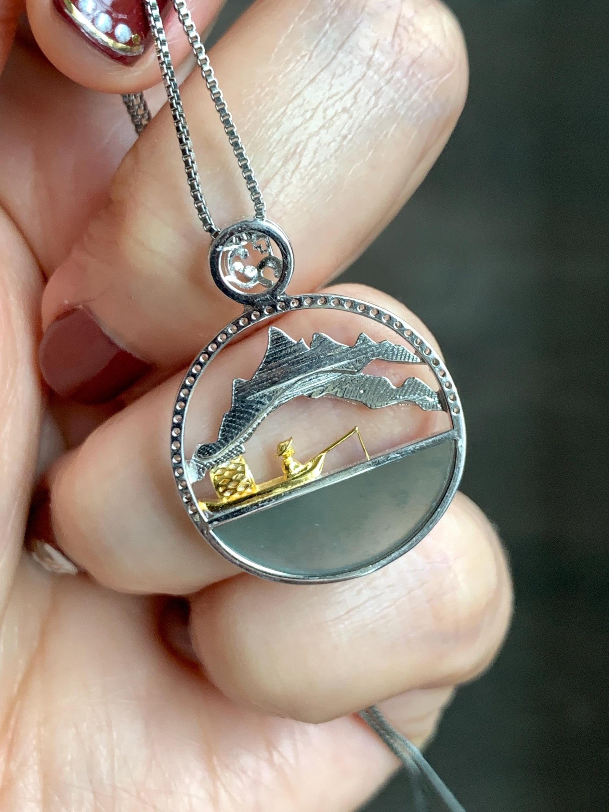 Natural Grade A Guatemalan Icy Highly Translucent Blue Half Moon Jade Jadeite Shan Shui Pendant Sterling Silver 3g 天然高冰危蓝翡翠半圆无事牌山水镶嵌吊坠WDY165