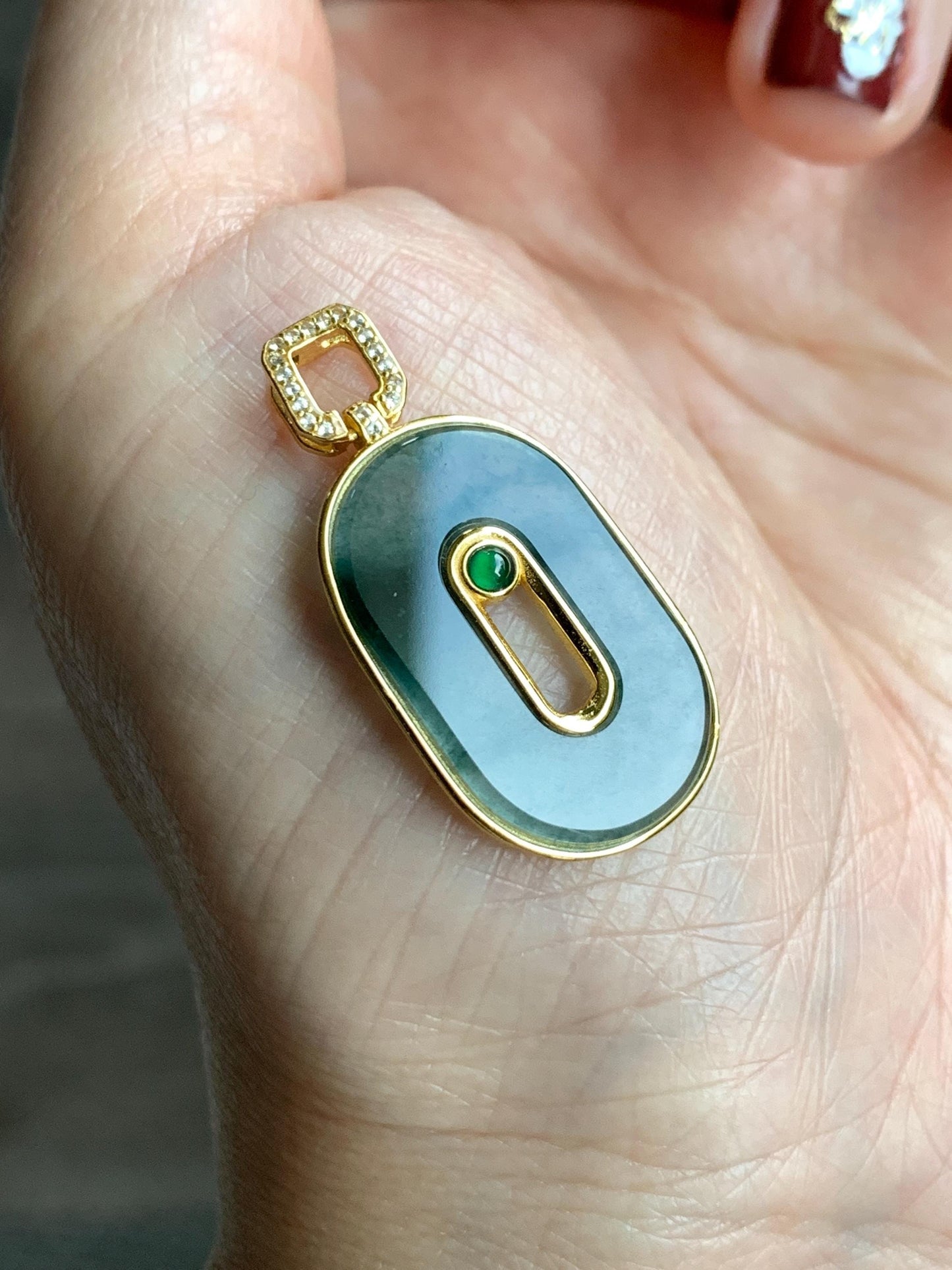 Natural Grade A Guatemalan Icy Highly Translucent Green Marbled Jade Jadeite Oval Donut Pendant Sterling Silver 2g 天然高冰危飘花翡翠椭圆平安扣镶嵌吊坠 TYK165