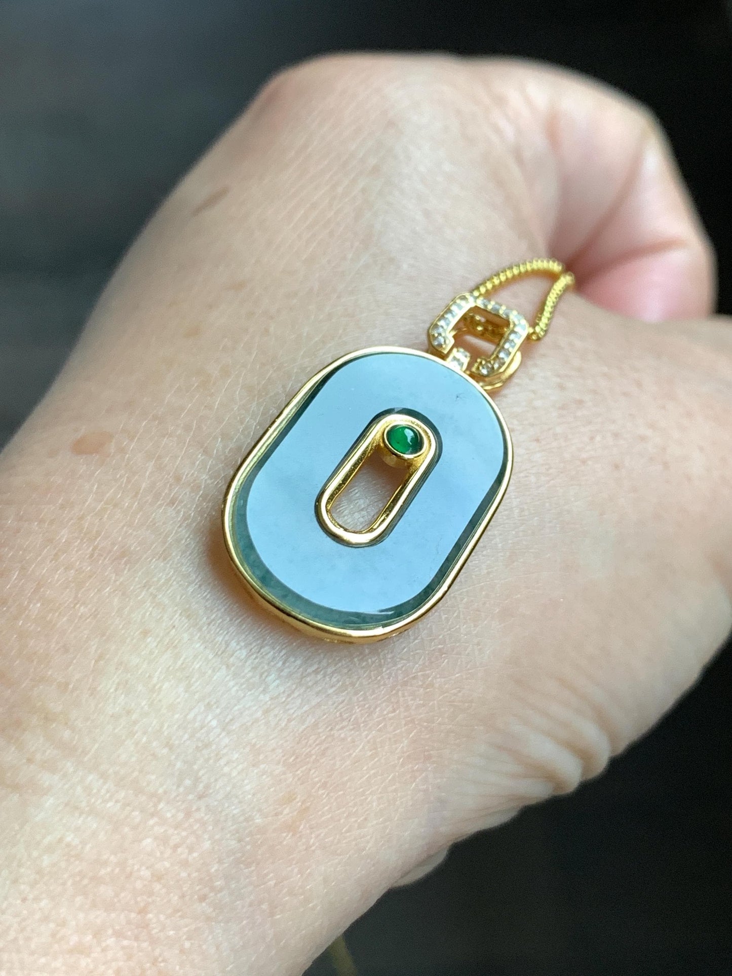 Natural Grade A Guatemalan Icy Highly Translucent Green Marbled Jade Jadeite Oval Donut Pendant Sterling Silver 2g 天然高冰危飘花翡翠椭圆平安扣镶嵌吊坠 TYK165