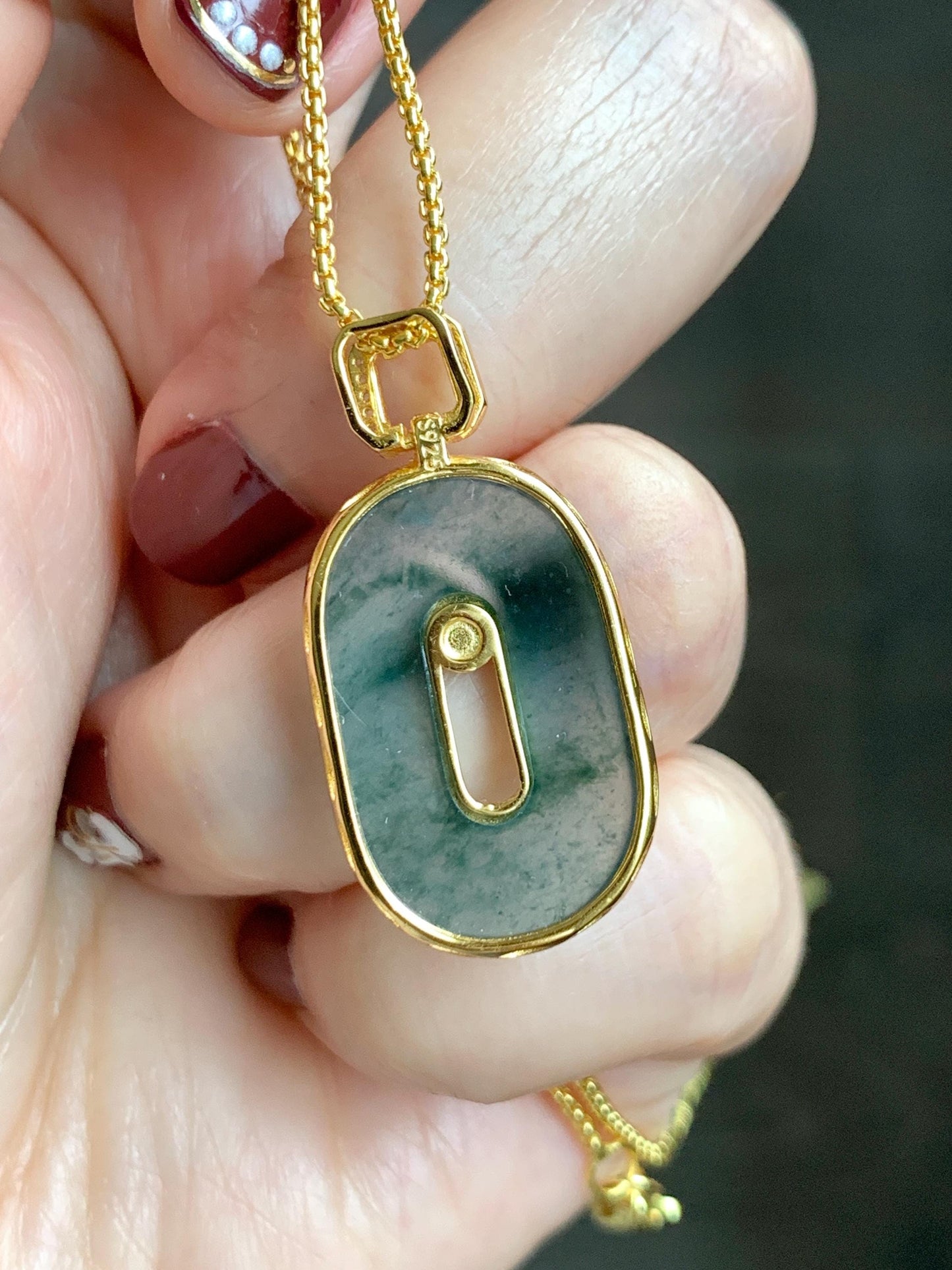 Natural Grade A Guatemalan Icy Highly Translucent Green Marbled Jade Jadeite Oval Donut Pendant Sterling Silver 2g 天然高冰危飘花翡翠椭圆平安扣镶嵌吊坠 TYK165