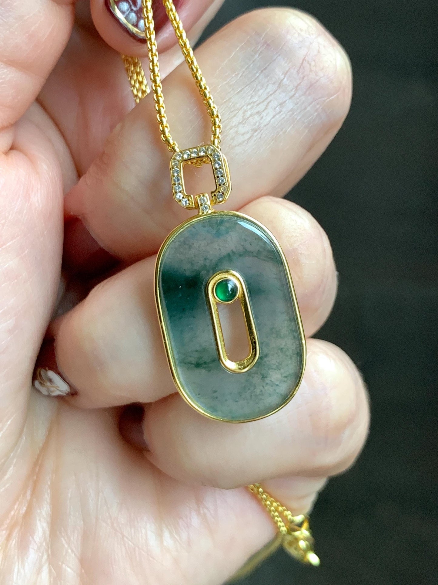 Natural Grade A Guatemalan Icy Highly Translucent Green Marbled Jade Jadeite Oval Donut Pendant Sterling Silver 2g 天然高冰危飘花翡翠椭圆平安扣镶嵌吊坠 TYK165