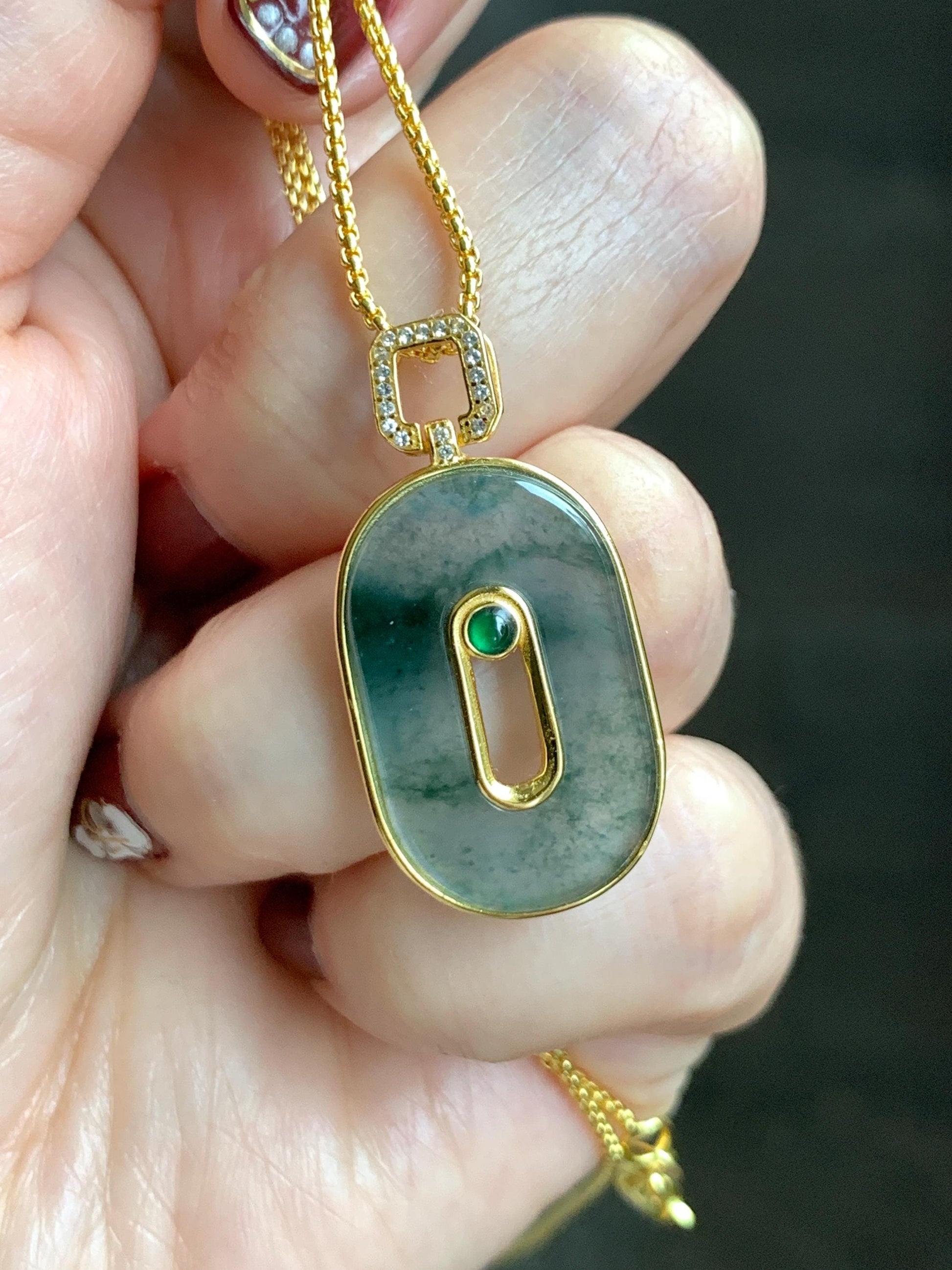 Natural Grade A Guatemalan Icy Highly Translucent Green Marbled Jade Jadeite Oval Donut Pendant Sterling Silver 2g 天然高冰危飘花翡翠椭圆平安扣镶嵌吊坠 TYK165