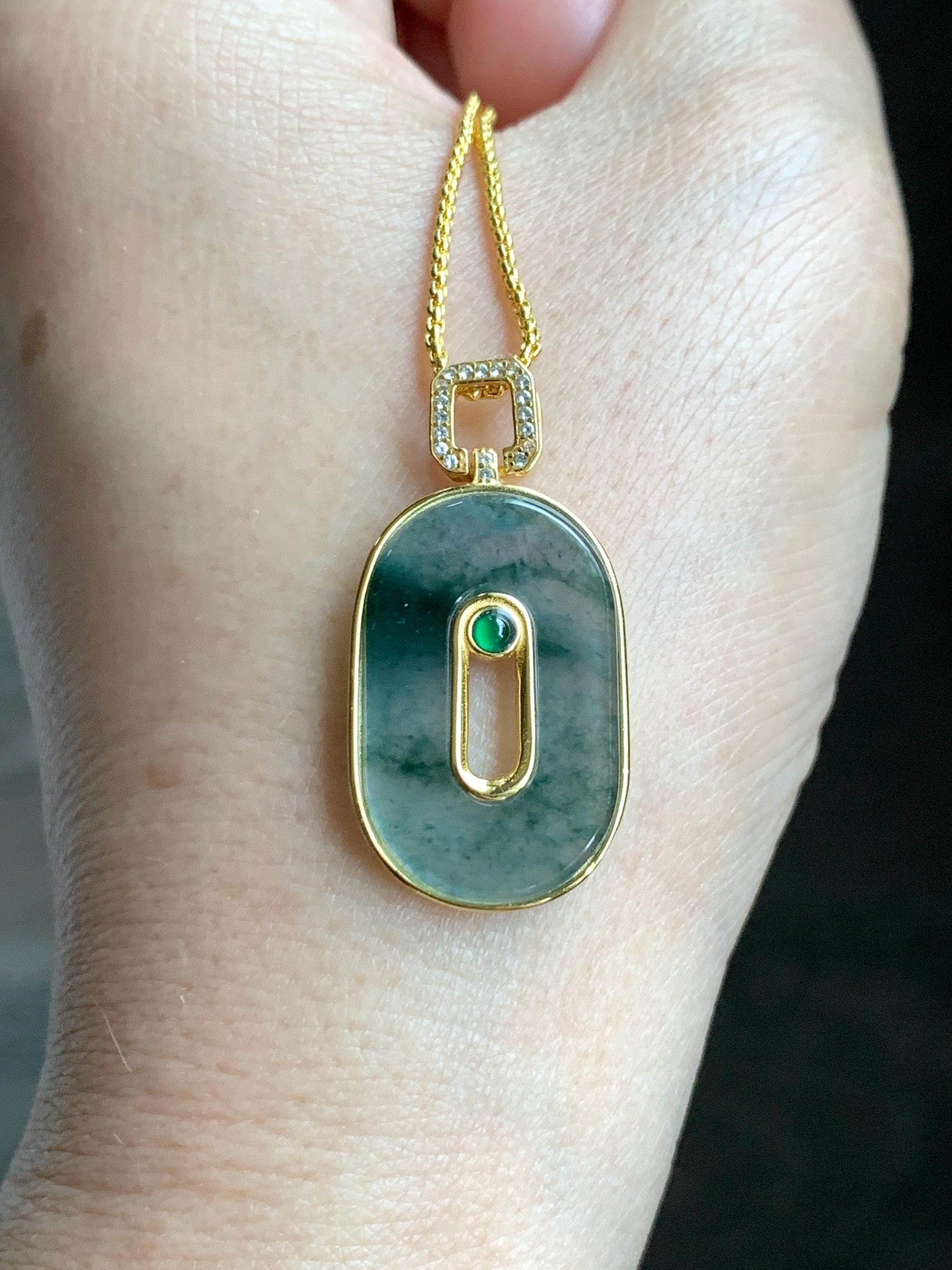 Natural Grade A Guatemalan Icy Highly Translucent Green Marbled Jade Jadeite Oval Donut Pendant Sterling Silver 2g 天然高冰危飘花翡翠椭圆平安扣镶嵌吊坠 TYK165