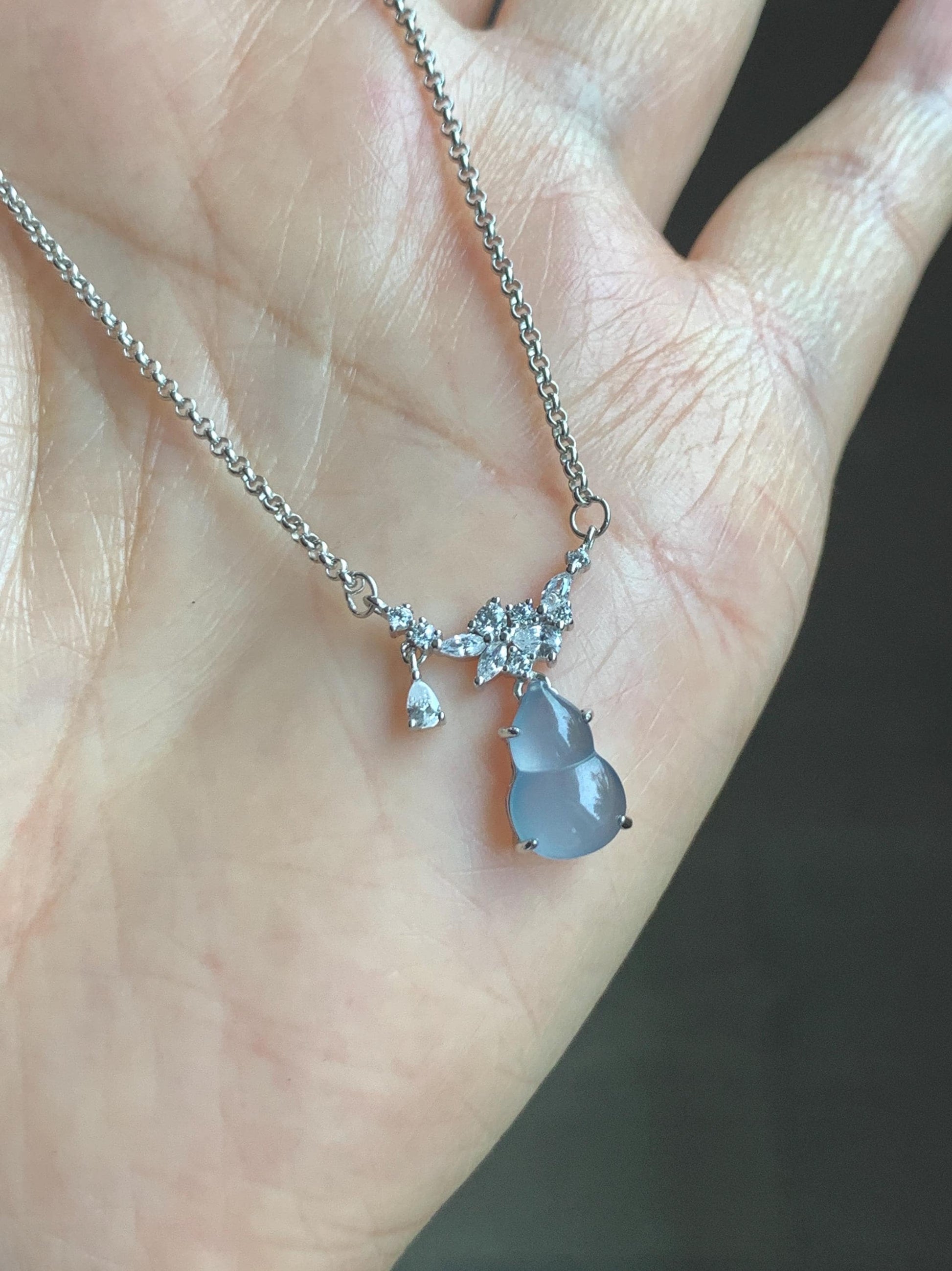 Natural Grade A Guatemalan Icy Translucent Purplish Blue Jade Jadeite Gourd Hulu Necklace Sterling Silver 16”-18.25” 3g 天然冰危蓝翡翠葫芦锁骨链 XZG165