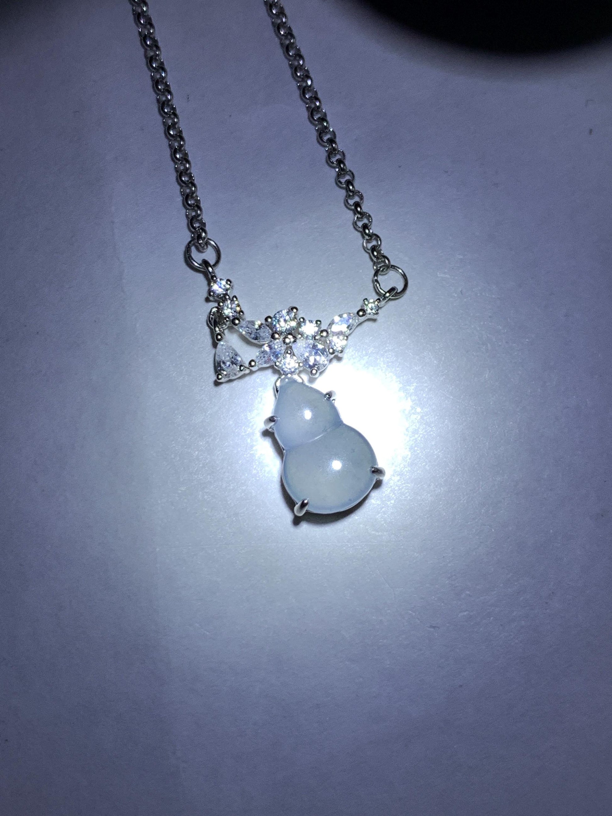 Natural Grade A Guatemalan Icy Translucent Purplish Blue Jade Jadeite Gourd Hulu Necklace Sterling Silver 16”-18.25” 3g 天然冰危蓝翡翠葫芦锁骨链 XZG165