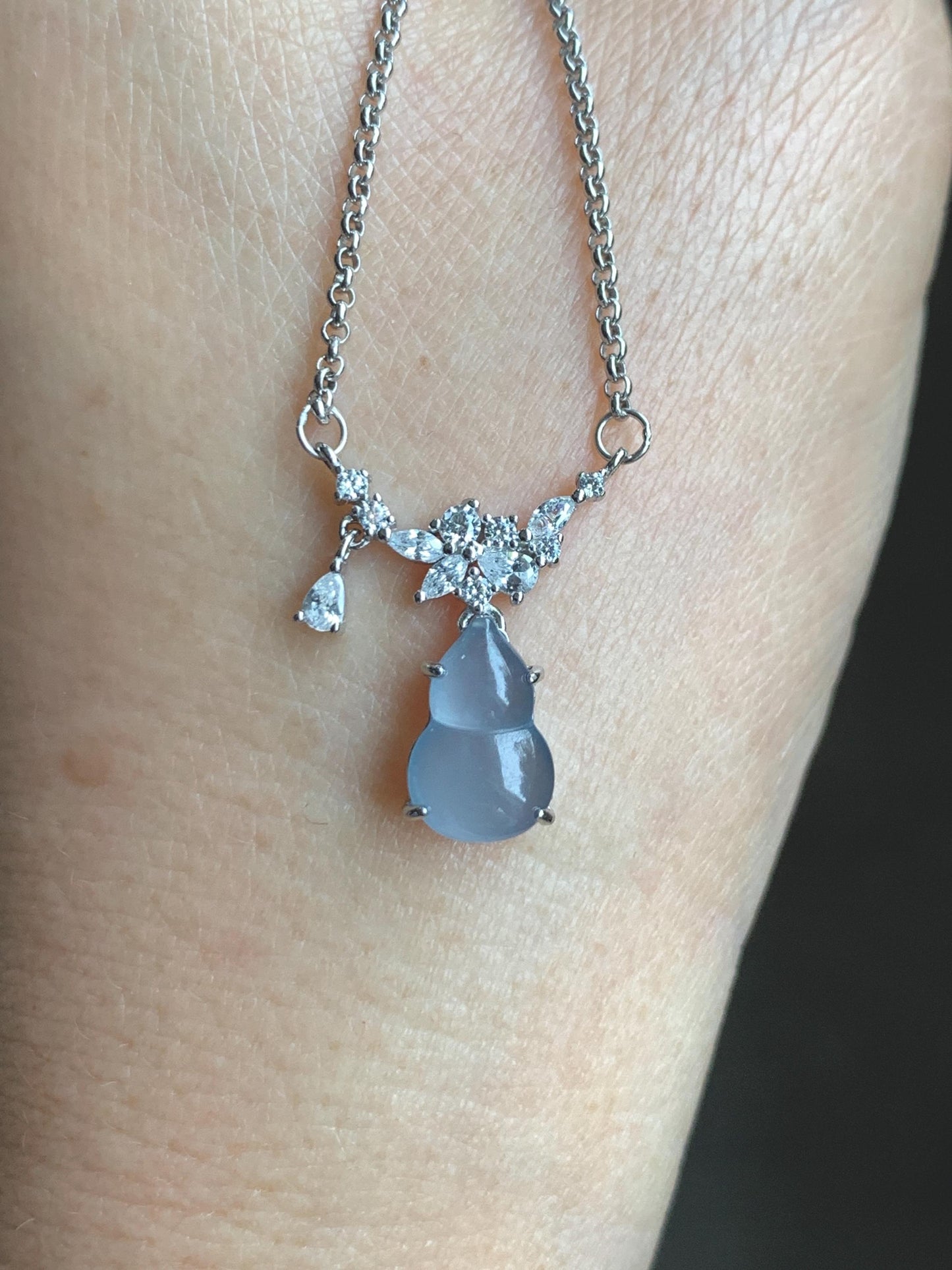 Natural Grade A Guatemalan Icy Translucent Purplish Blue Jade Jadeite Gourd Hulu Necklace Sterling Silver 16”-18.25” 3g 天然冰危蓝翡翠葫芦锁骨链 XZG165