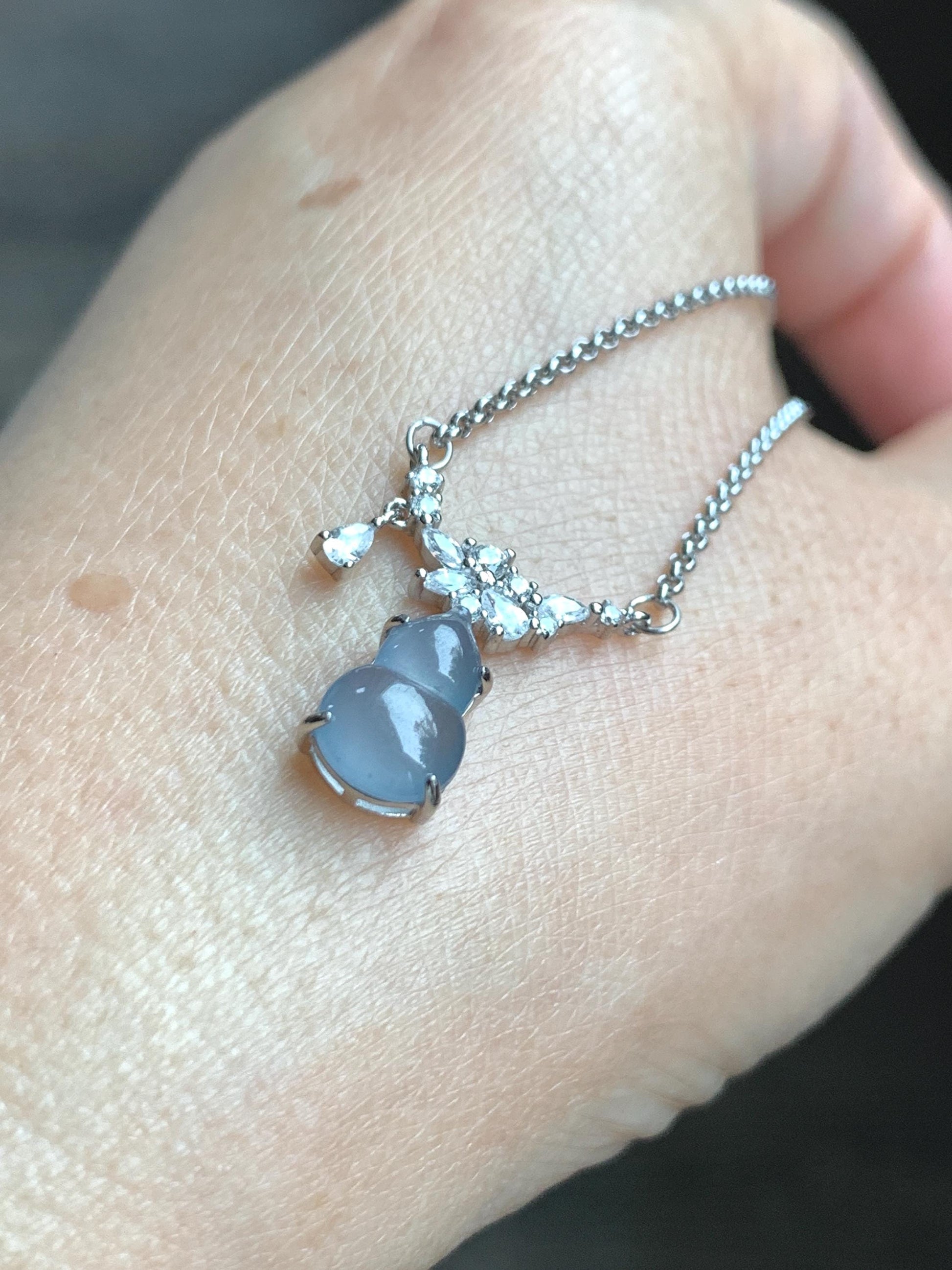 Natural Grade A Guatemalan Icy Translucent Purplish Blue Jade Jadeite Gourd Hulu Necklace Sterling Silver 16”-18.25” 3g 天然冰危蓝翡翠葫芦锁骨链 XZG165