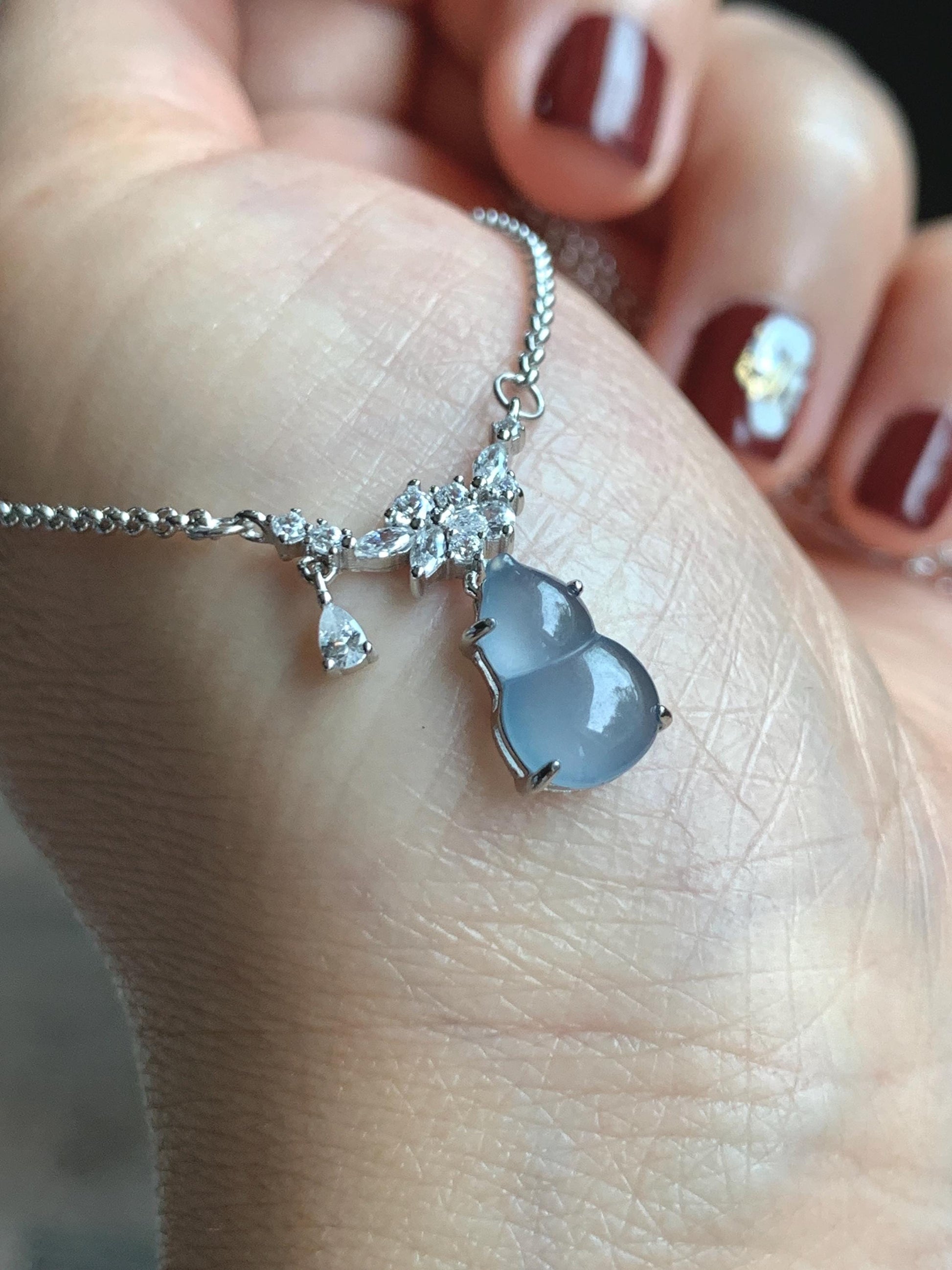 Natural Grade A Guatemalan Icy Translucent Purplish Blue Jade Jadeite Gourd Hulu Necklace Sterling Silver 16”-18.25” 3g 天然冰危蓝翡翠葫芦锁骨链 XZG165