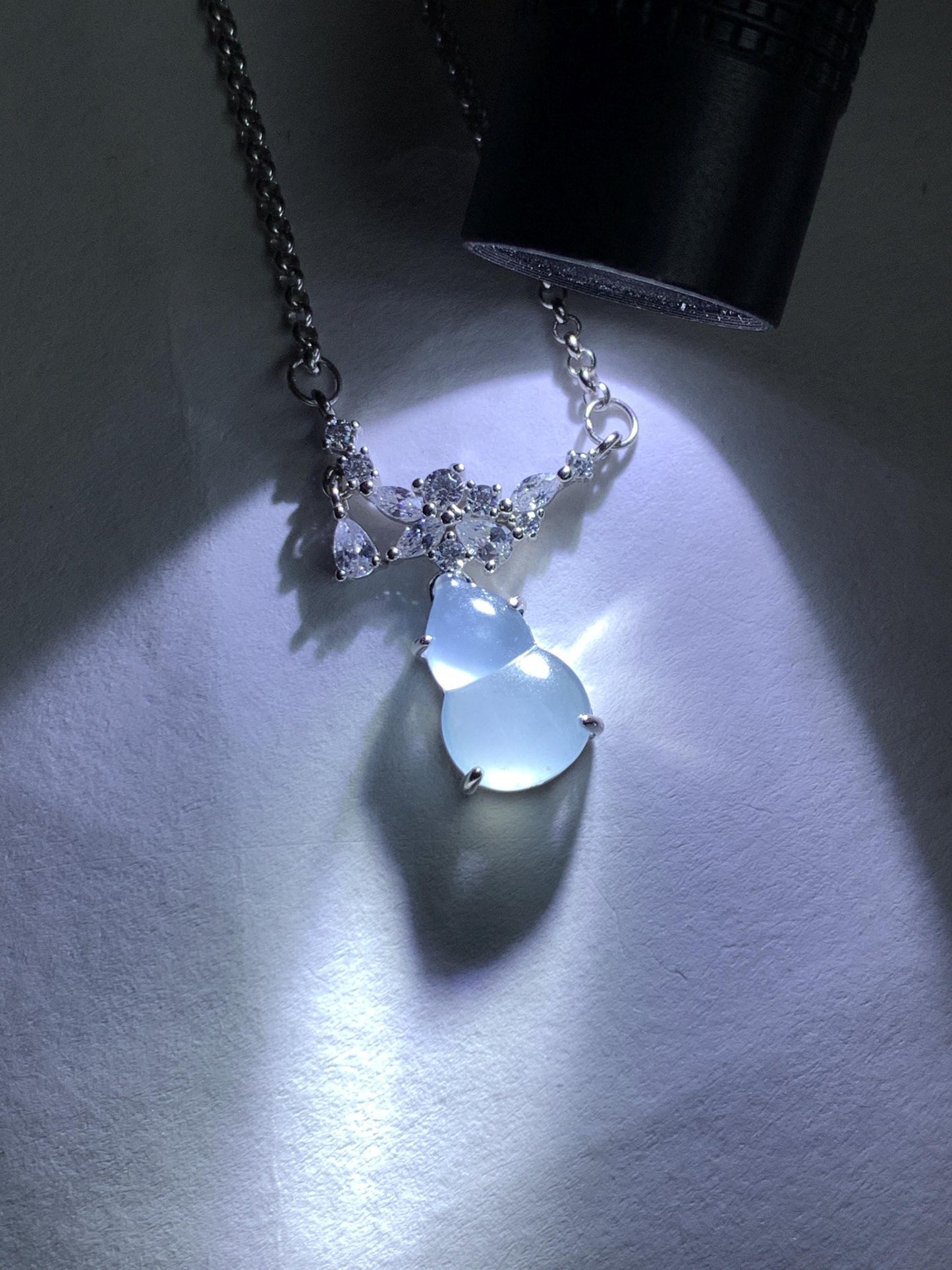 Natural Grade A Guatemalan Icy Translucent Purplish Blue Jade Jadeite Gourd Hulu Necklace Sterling Silver 16”-18.25” 3g 天然冰危蓝翡翠葫芦锁骨链 XZG165