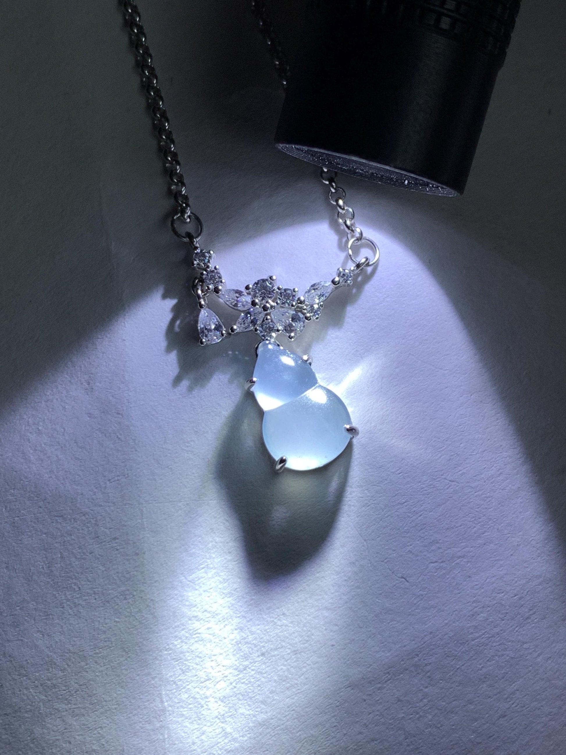 Natural Grade A Guatemalan Icy Translucent Purplish Blue Jade Jadeite Gourd Hulu Necklace Sterling Silver 16”-18.25” 3g 天然冰危蓝翡翠葫芦锁骨链 XZG165