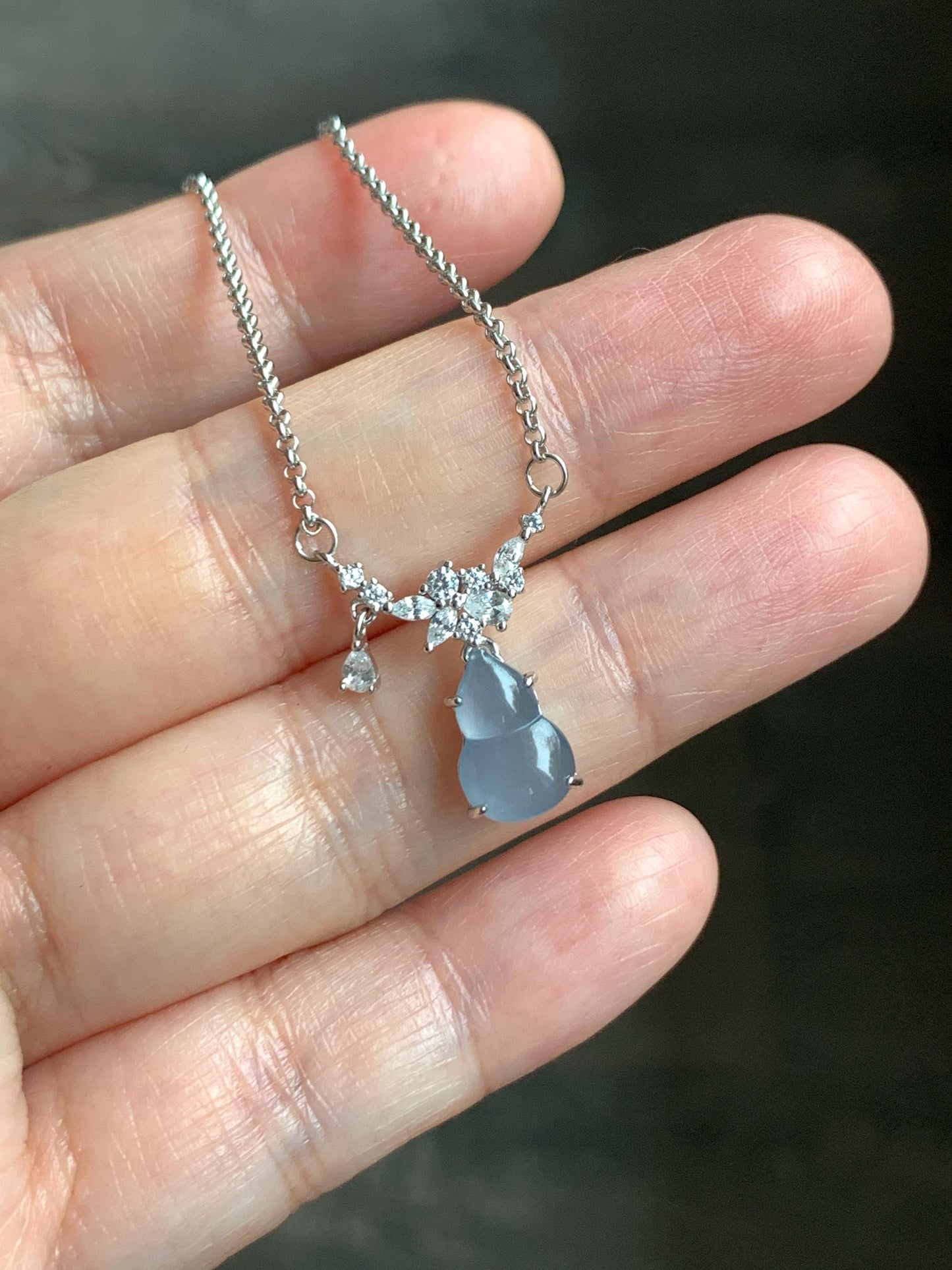 Natural Grade A Guatemalan Icy Translucent Purplish Blue Jade Jadeite Gourd Hulu Necklace Sterling Silver 16”-18.25” 3g 天然冰危蓝翡翠葫芦锁骨链 XZG165