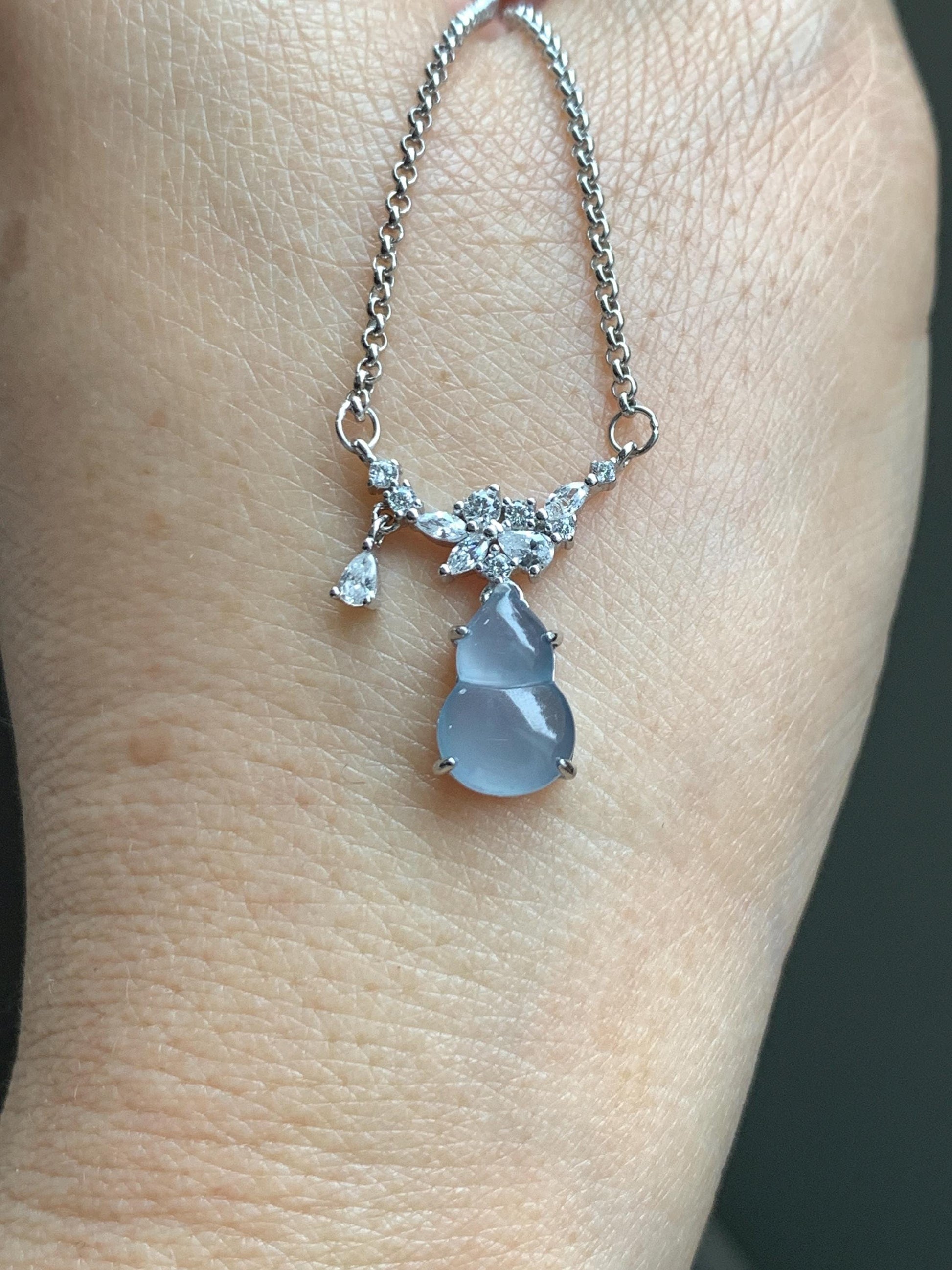 Natural Grade A Guatemalan Icy Translucent Purplish Blue Jade Jadeite Gourd Hulu Necklace Sterling Silver 16”-18.25” 3g 天然冰危蓝翡翠葫芦锁骨链 XZG165