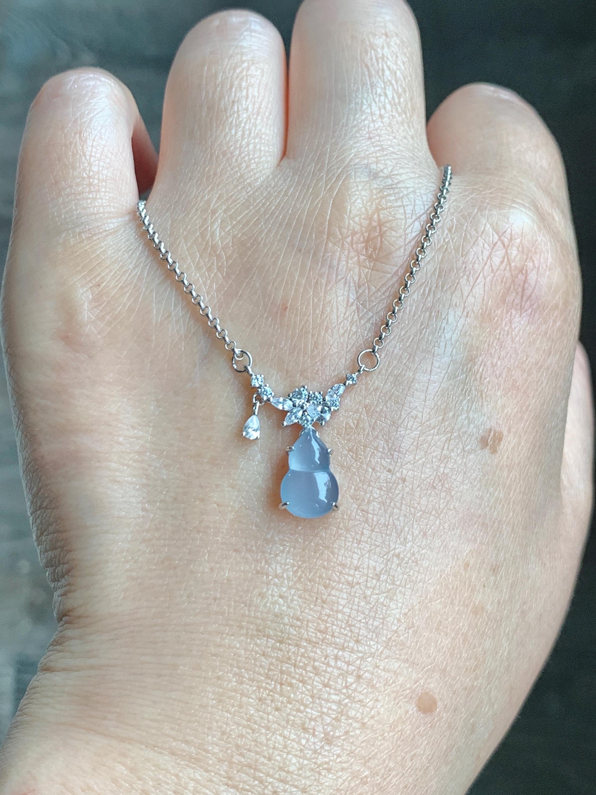 Natural Grade A Guatemalan Icy Translucent Purplish Blue Jade Jadeite Gourd Hulu Necklace Sterling Silver 16”-18.25” 3g 天然冰危蓝翡翠葫芦锁骨链 XZG165