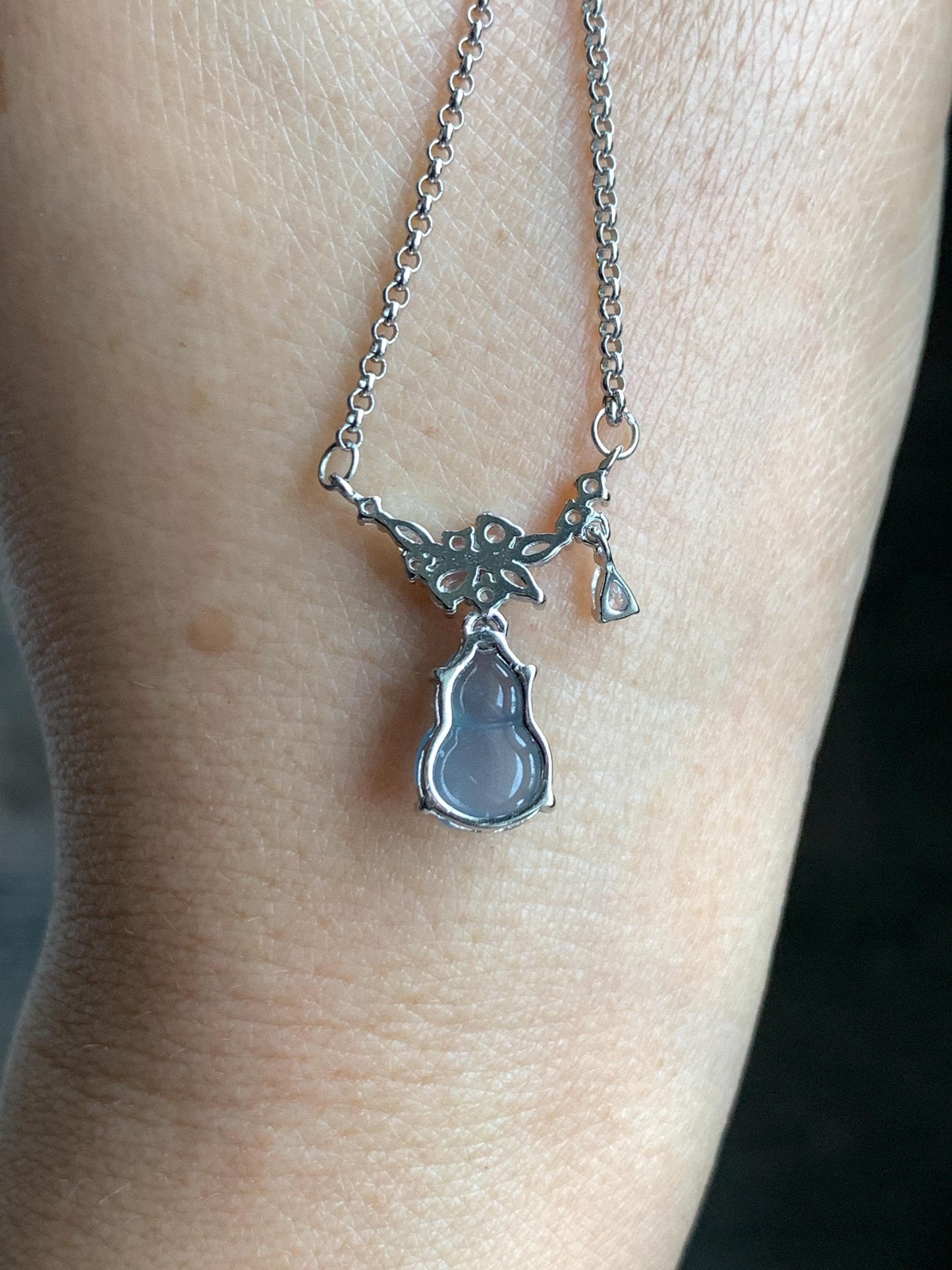 Natural Grade A Guatemalan Icy Translucent Purplish Blue Jade Jadeite Gourd Hulu Necklace Sterling Silver 16”-18.25” 3g 天然冰危蓝翡翠葫芦锁骨链 XZG165