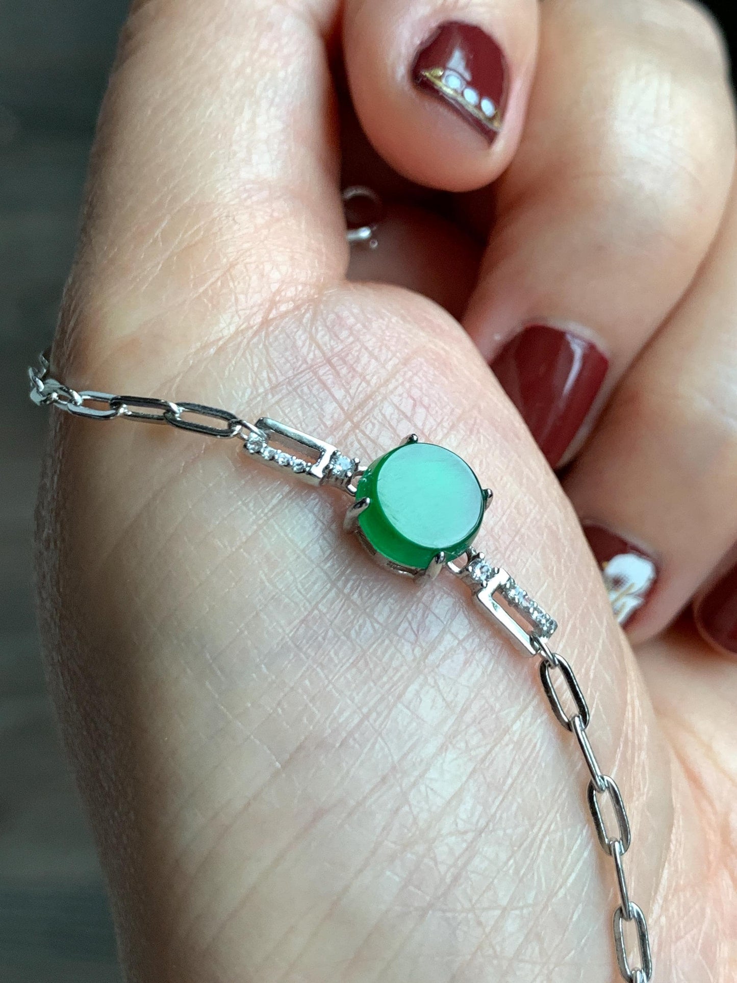 Natural Grade A Guatemalan Icy Translucent Vibrant Green Jade Jadeite Mini Coin Chain Bracelet Sterling Silver 6”-7.5” 天然冰危绿翡翠迷你无事飘银手链XLP143