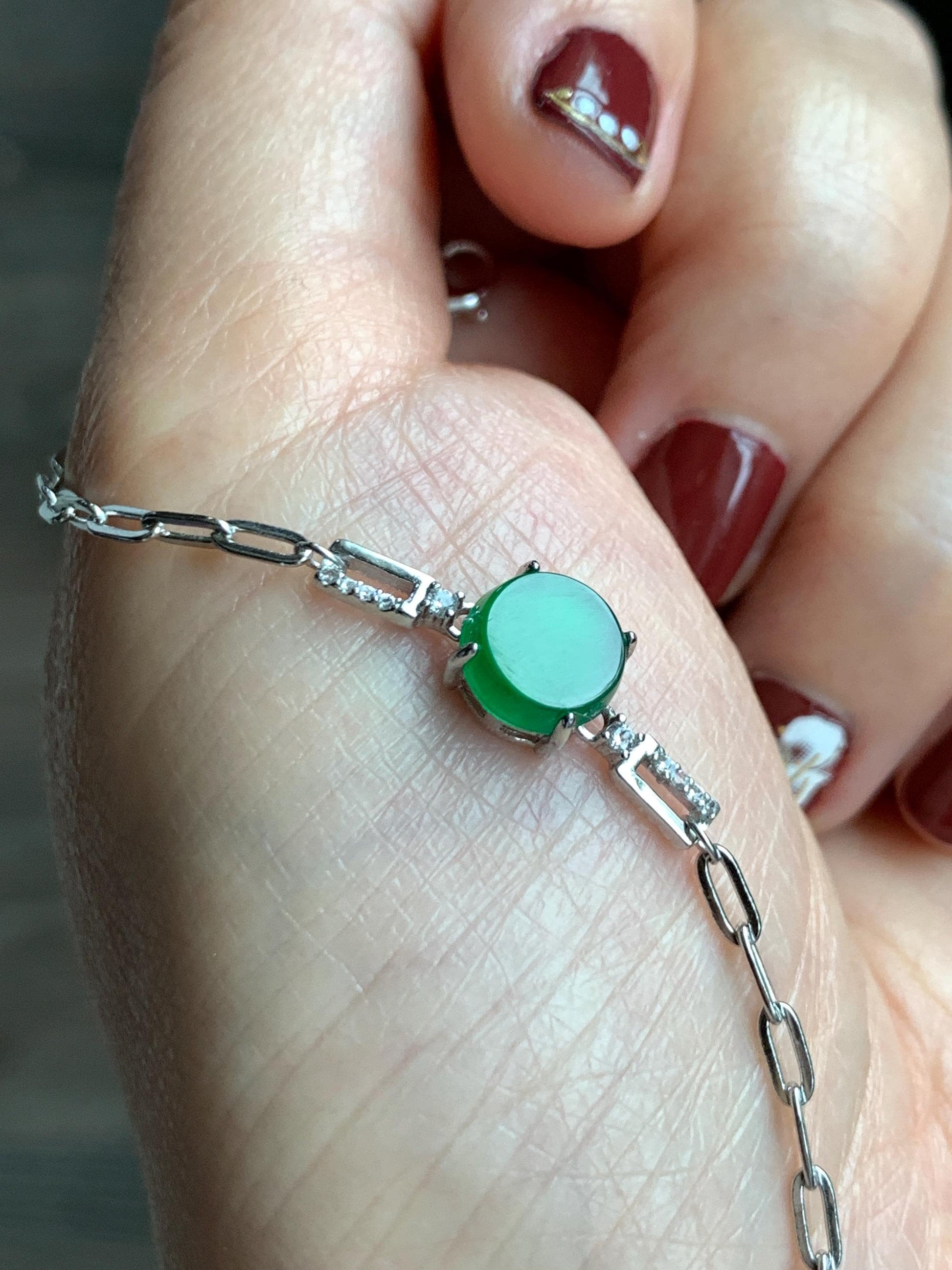 Natural Grade A Guatemalan Icy Translucent Vibrant Green Jade Jadeite Mini Coin Chain Bracelet Sterling Silver 6”-7.5” 天然冰危绿翡翠迷你无事飘银手链XLP143