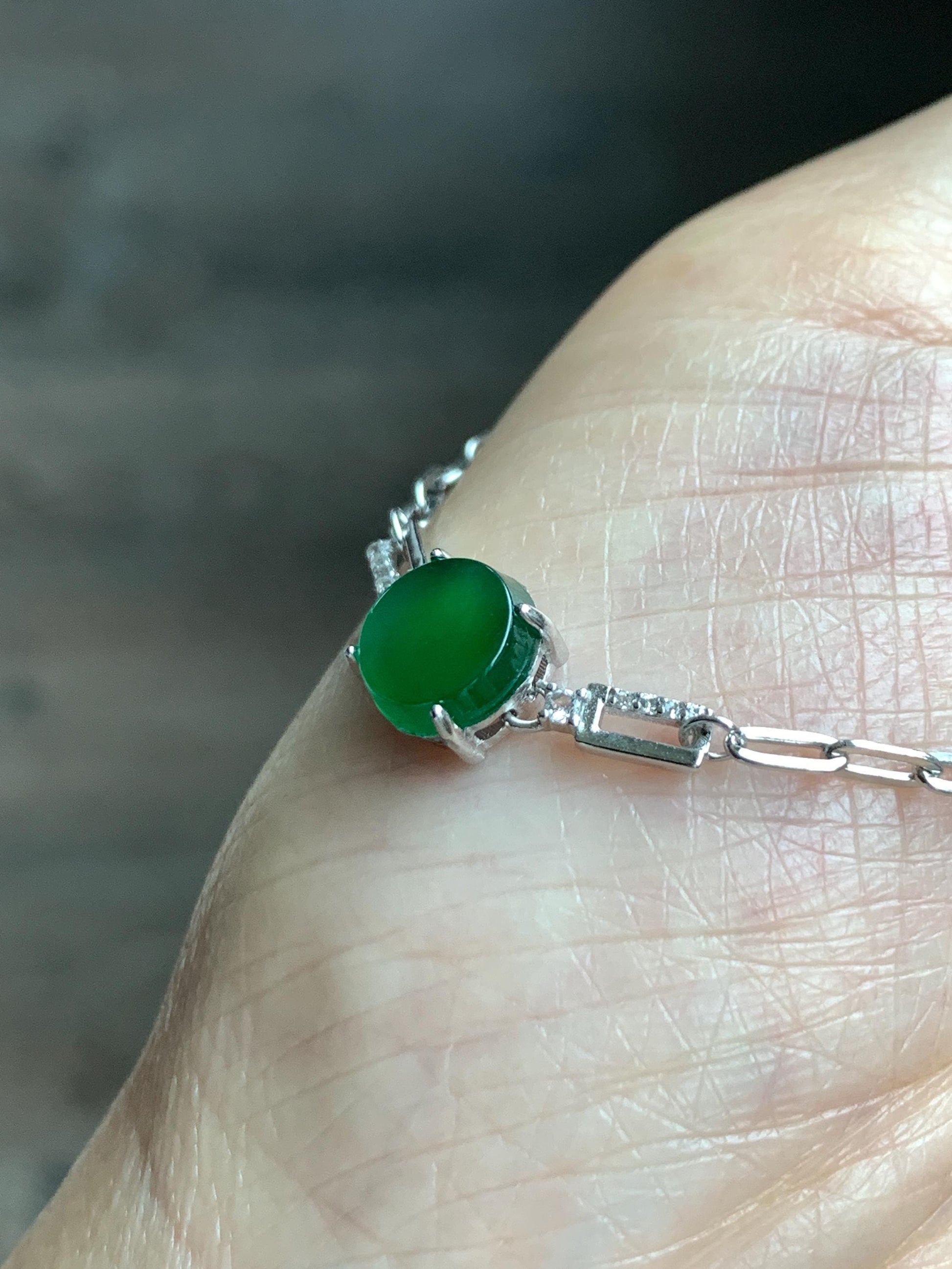 Natural Grade A Guatemalan Icy Translucent Vibrant Green Jade Jadeite Mini Coin Chain Bracelet Sterling Silver 6”-7.5” 天然冰危绿翡翠迷你无事飘银手链XLP143