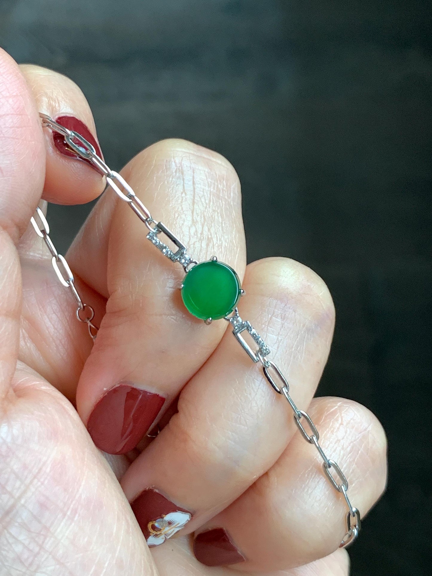 Natural Grade A Guatemalan Icy Translucent Vibrant Green Jade Jadeite Mini Coin Chain Bracelet Sterling Silver 6”-7.5” 天然冰危绿翡翠迷你无事飘银手链XLP143