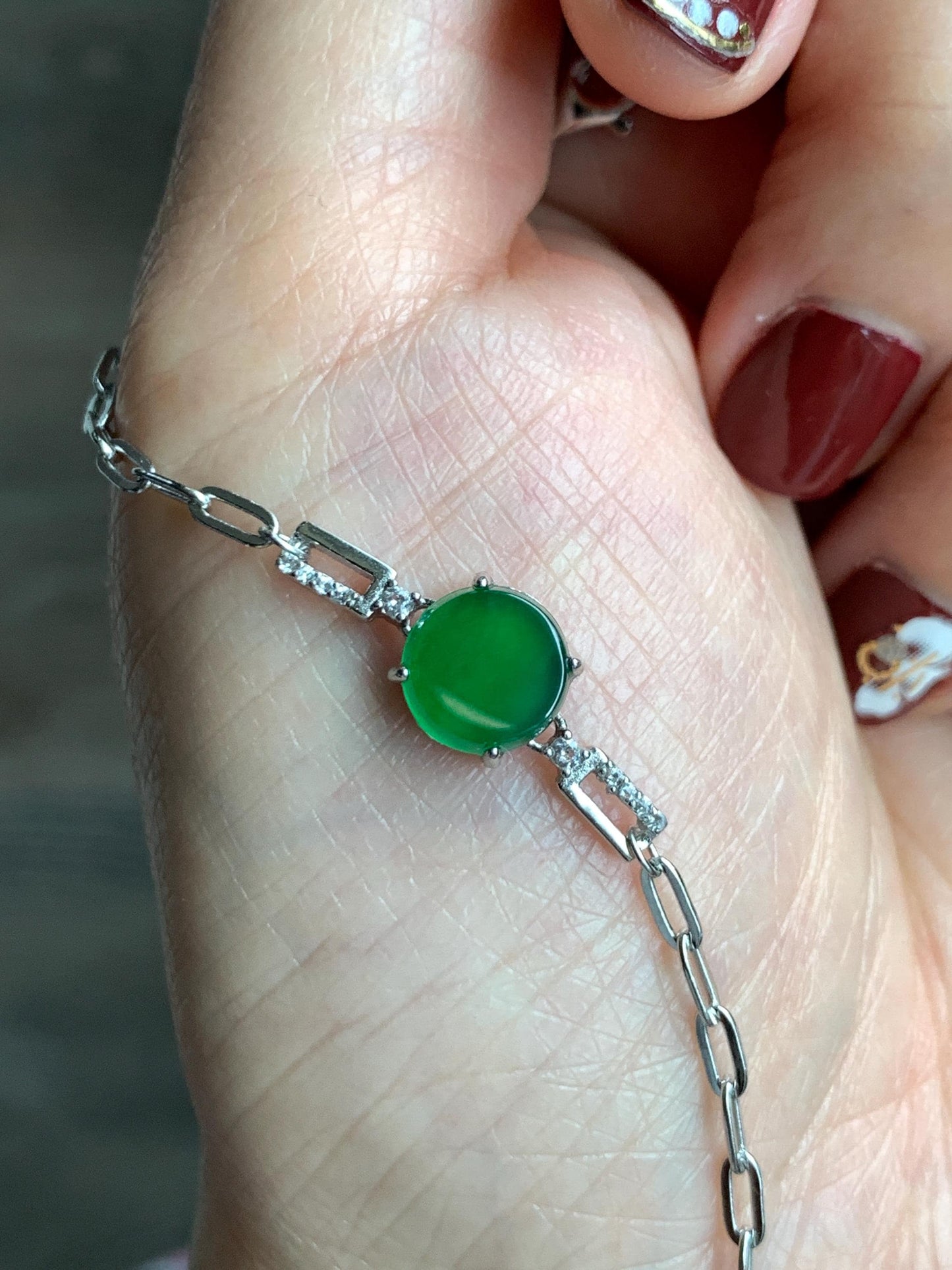 Natural Grade A Guatemalan Icy Translucent Vibrant Green Jade Jadeite Mini Coin Chain Bracelet Sterling Silver 6”-7.5” 天然冰危绿翡翠迷你无事飘银手链XLP143