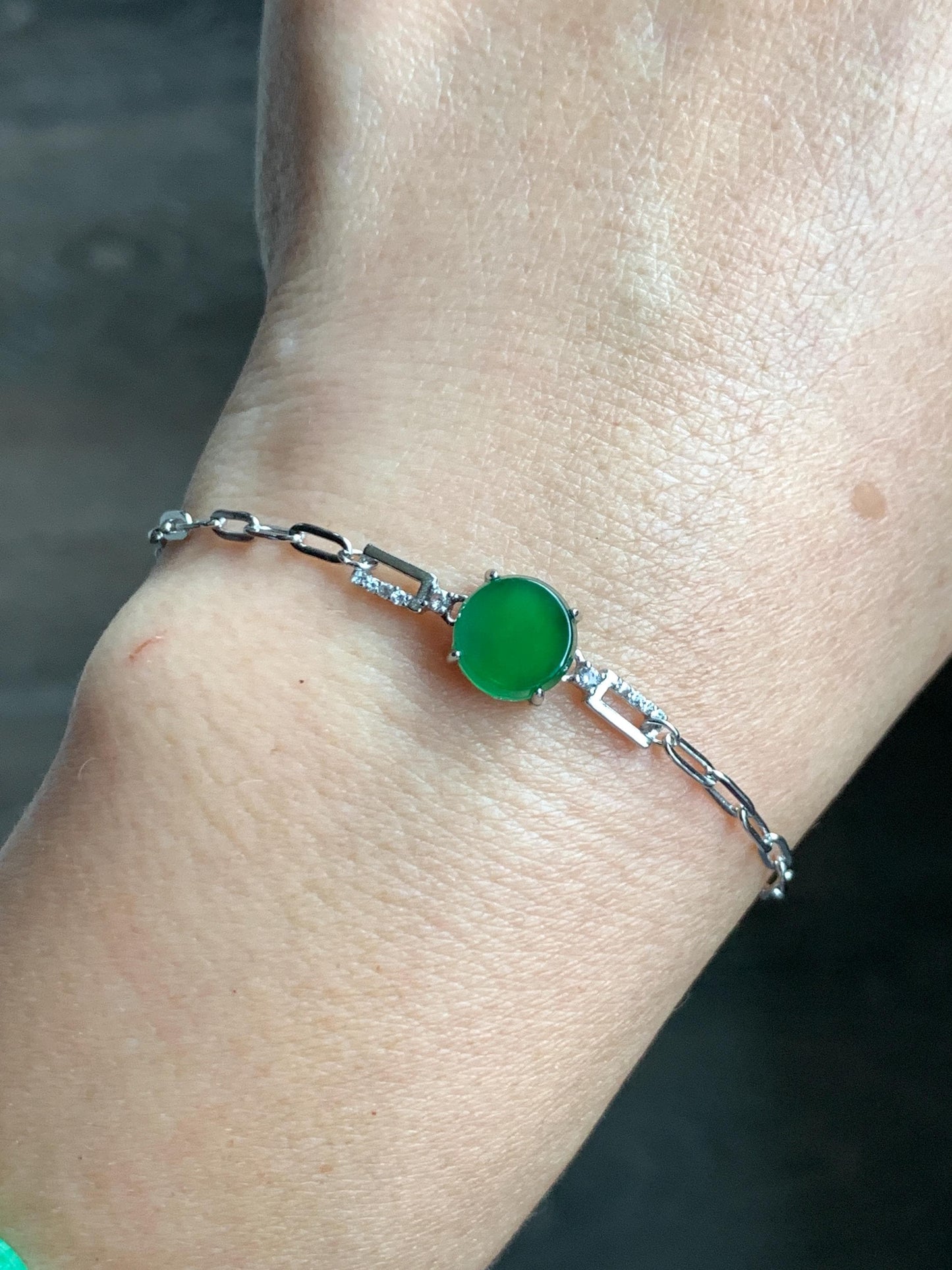 Natural Grade A Guatemalan Icy Translucent Vibrant Green Jade Jadeite Mini Coin Chain Bracelet Sterling Silver 6”-7.5” 天然冰危绿翡翠迷你无事飘银手链XLP143