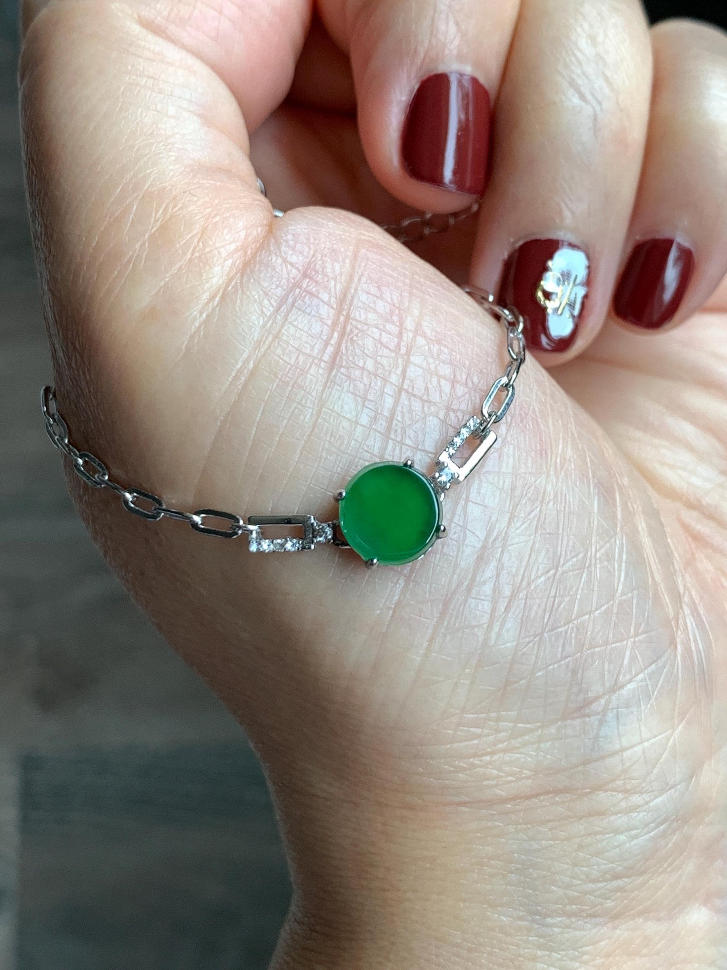 Natural Grade A Guatemalan Icy Translucent Vibrant Green Jade Jadeite Mini Coin Chain Bracelet Sterling Silver 6”-7.5” 天然冰危绿翡翠迷你无事飘银手链XLP143