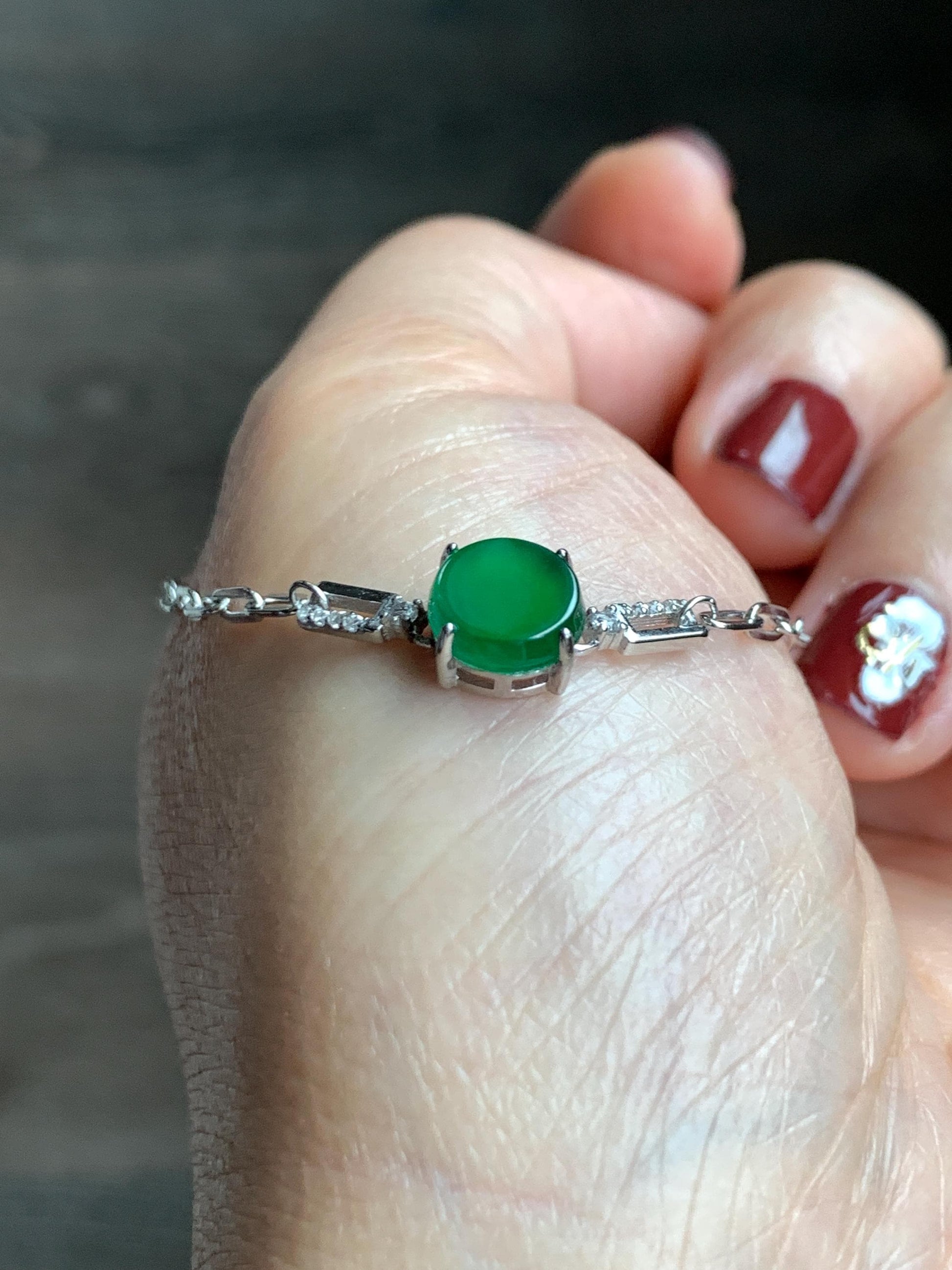 Natural Grade A Guatemalan Icy Translucent Vibrant Green Jade Jadeite Mini Coin Chain Bracelet Sterling Silver 6”-7.5” 天然冰危绿翡翠迷你无事飘银手链XLP143