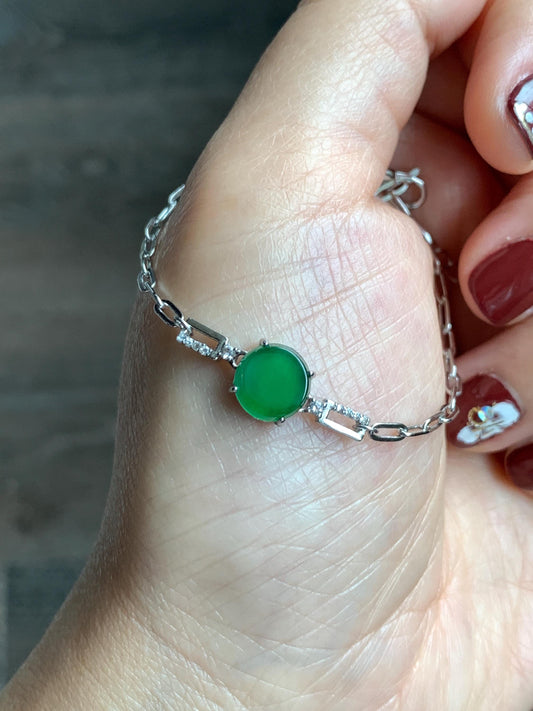 Natural Grade A Guatemalan Icy Translucent Vibrant Green Jade Jadeite Mini Coin Chain Bracelet Sterling Silver 6”-7.5” 天然冰危绿翡翠迷你无事飘银手链XLP143