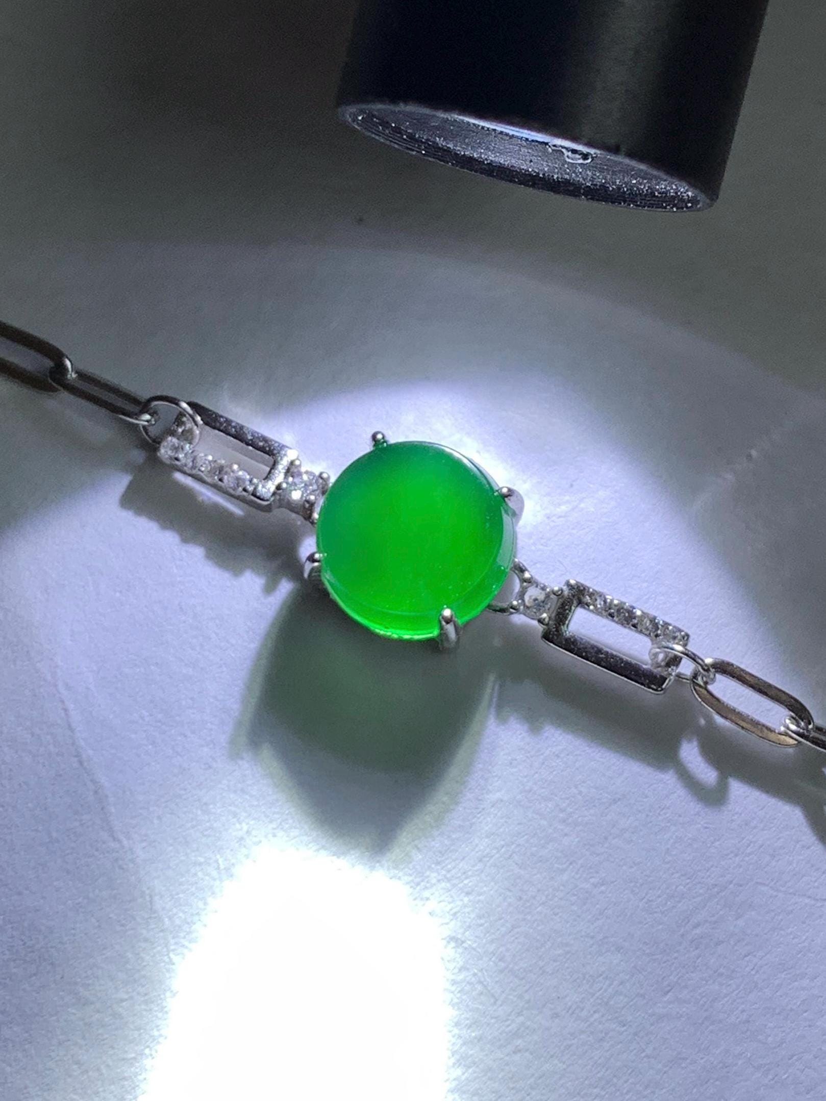Natural Grade A Guatemalan Icy Translucent Vibrant Green Jade Jadeite Mini Coin Chain Bracelet Sterling Silver 6”-7.5” 天然冰危绿翡翠迷你无事飘银手链XLP143
