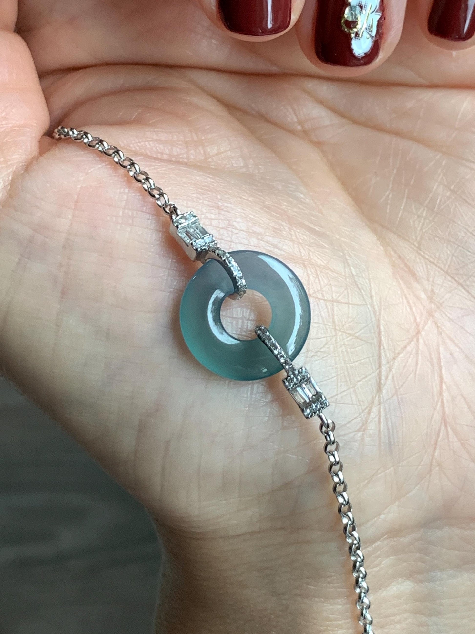 Natural Grade A Guatemalan Icy Translucent Light Teal Jade Jadeite Ping An Kou Donut Bracelet Sterling Silver 6.5”-7.5” 天然冰危蓝翡翠平安扣手链 WSL160A