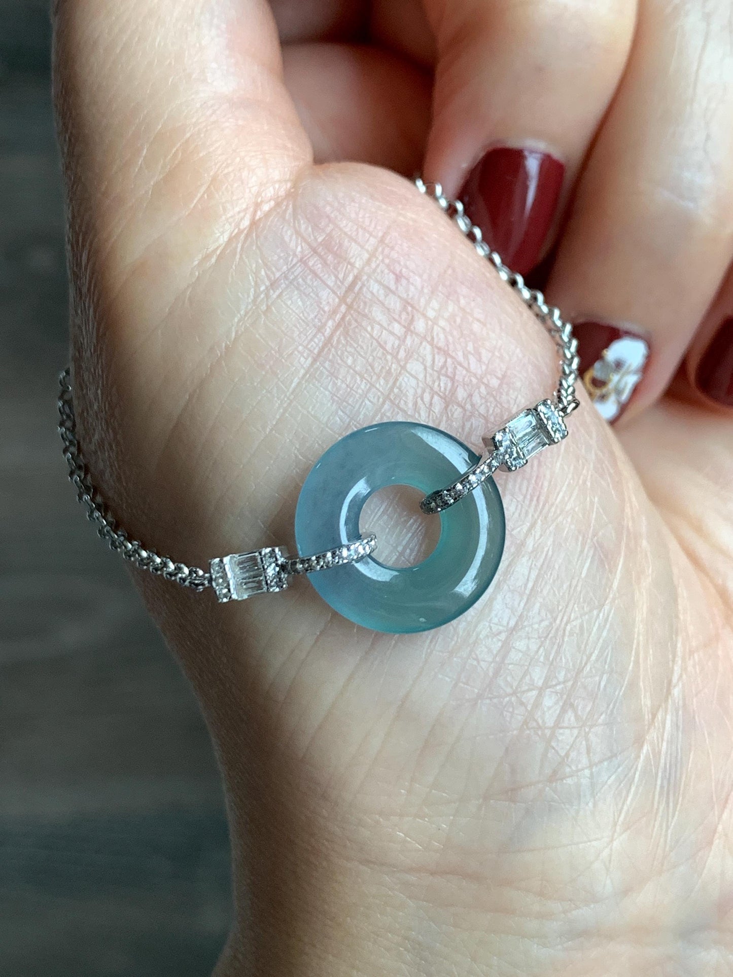 Natural Grade A Guatemalan Icy Translucent Light Teal Jade Jadeite Ping An Kou Donut Bracelet Sterling Silver 6.5”-7.5” 天然冰危蓝翡翠平安扣手链 WSL160A