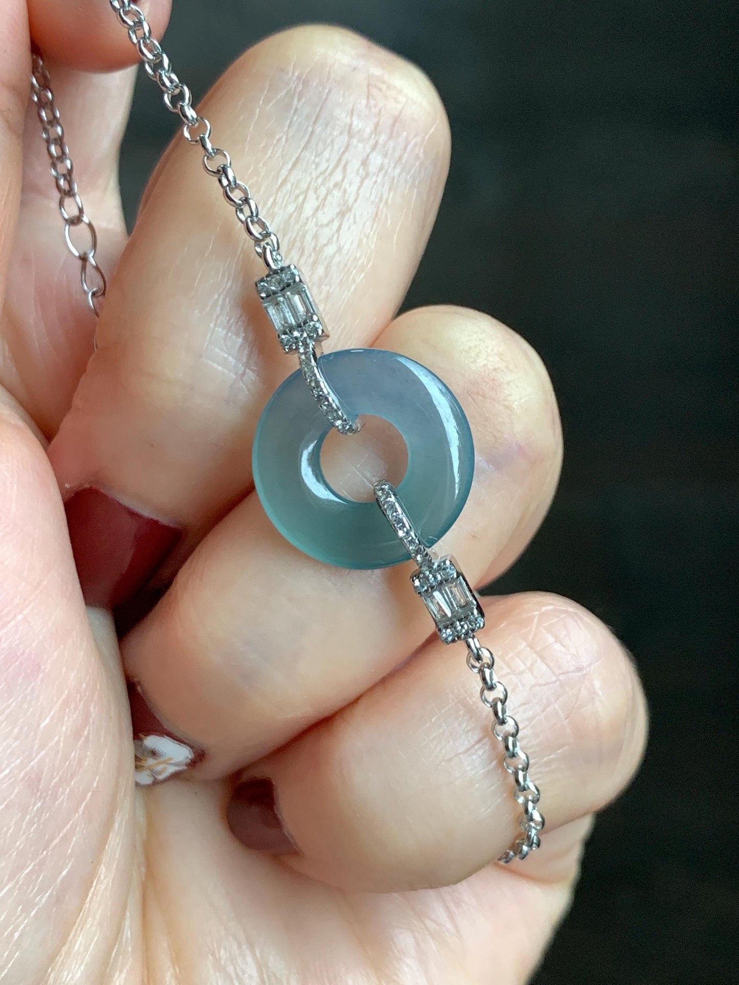 Natural Grade A Guatemalan Icy Translucent Light Teal Jade Jadeite Ping An Kou Donut Bracelet Sterling Silver 6.5”-7.5” 天然冰危蓝翡翠平安扣手链 WSL160A