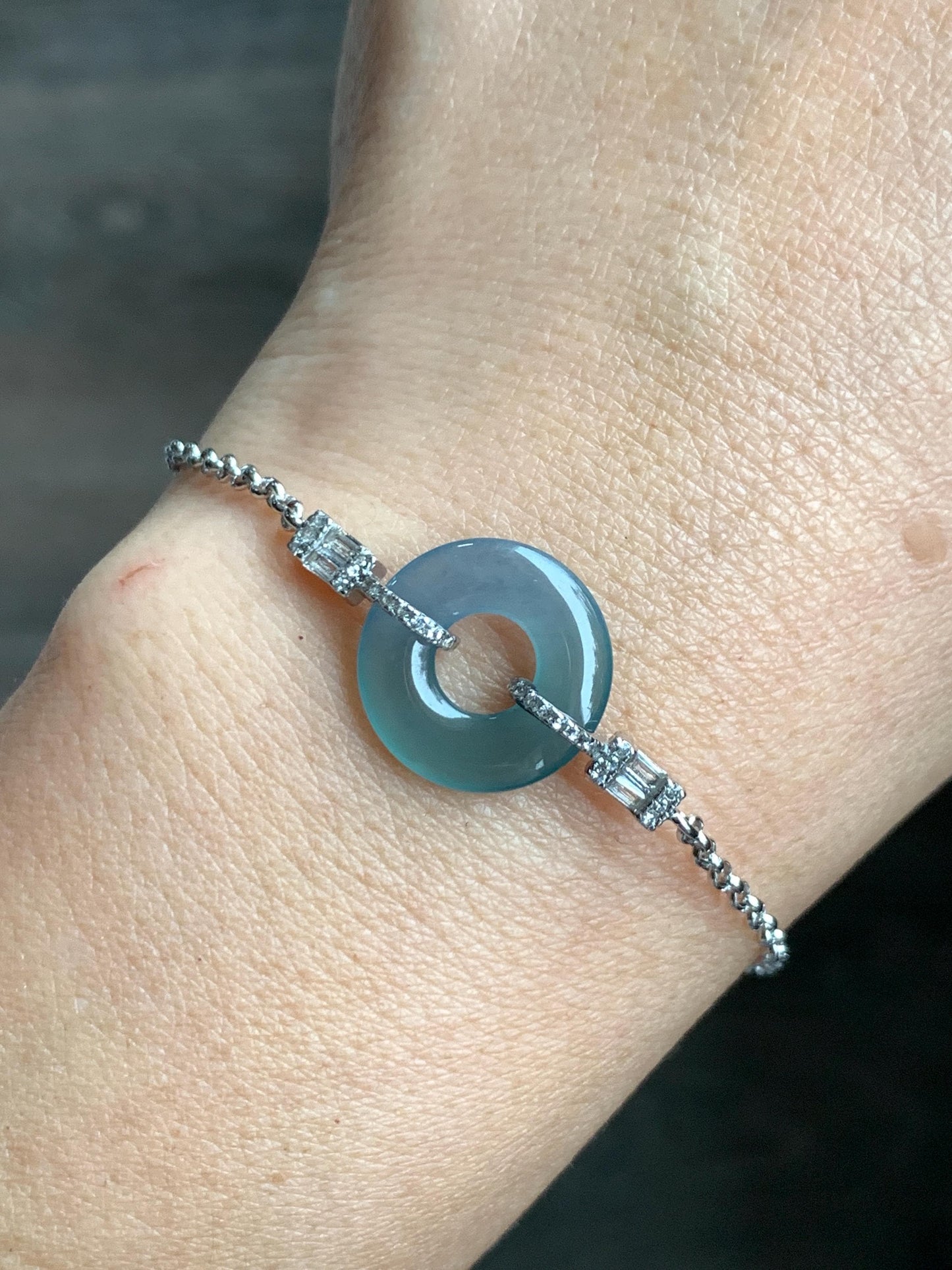Natural Grade A Guatemalan Icy Translucent Light Teal Jade Jadeite Ping An Kou Donut Bracelet Sterling Silver 6.5”-7.5” 天然冰危蓝翡翠平安扣手链 WSL160A