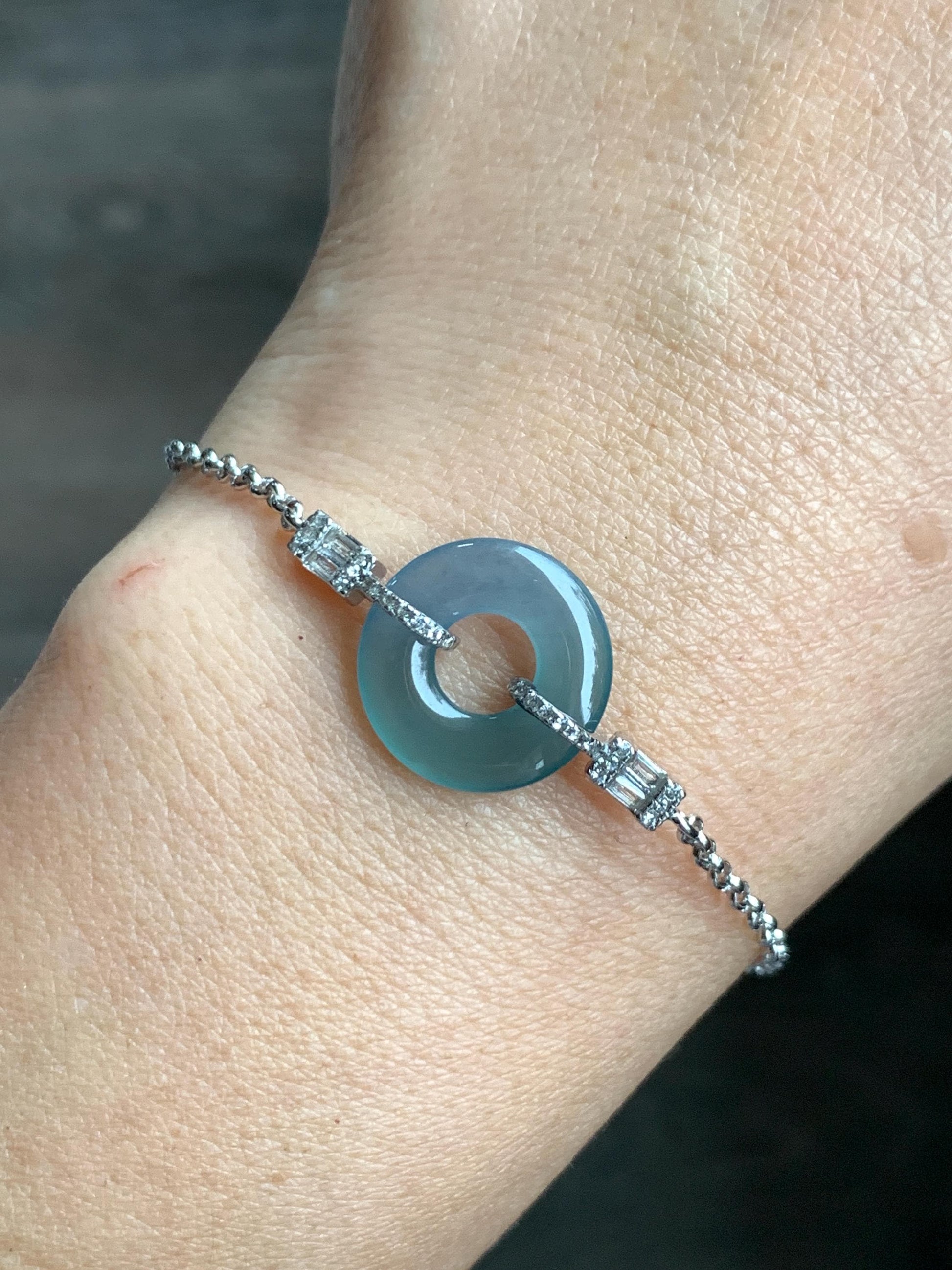 Natural Grade A Guatemalan Icy Translucent Light Teal Jade Jadeite Ping An Kou Donut Bracelet Sterling Silver 6.5”-7.5” 天然冰危蓝翡翠平安扣手链 WSL160A