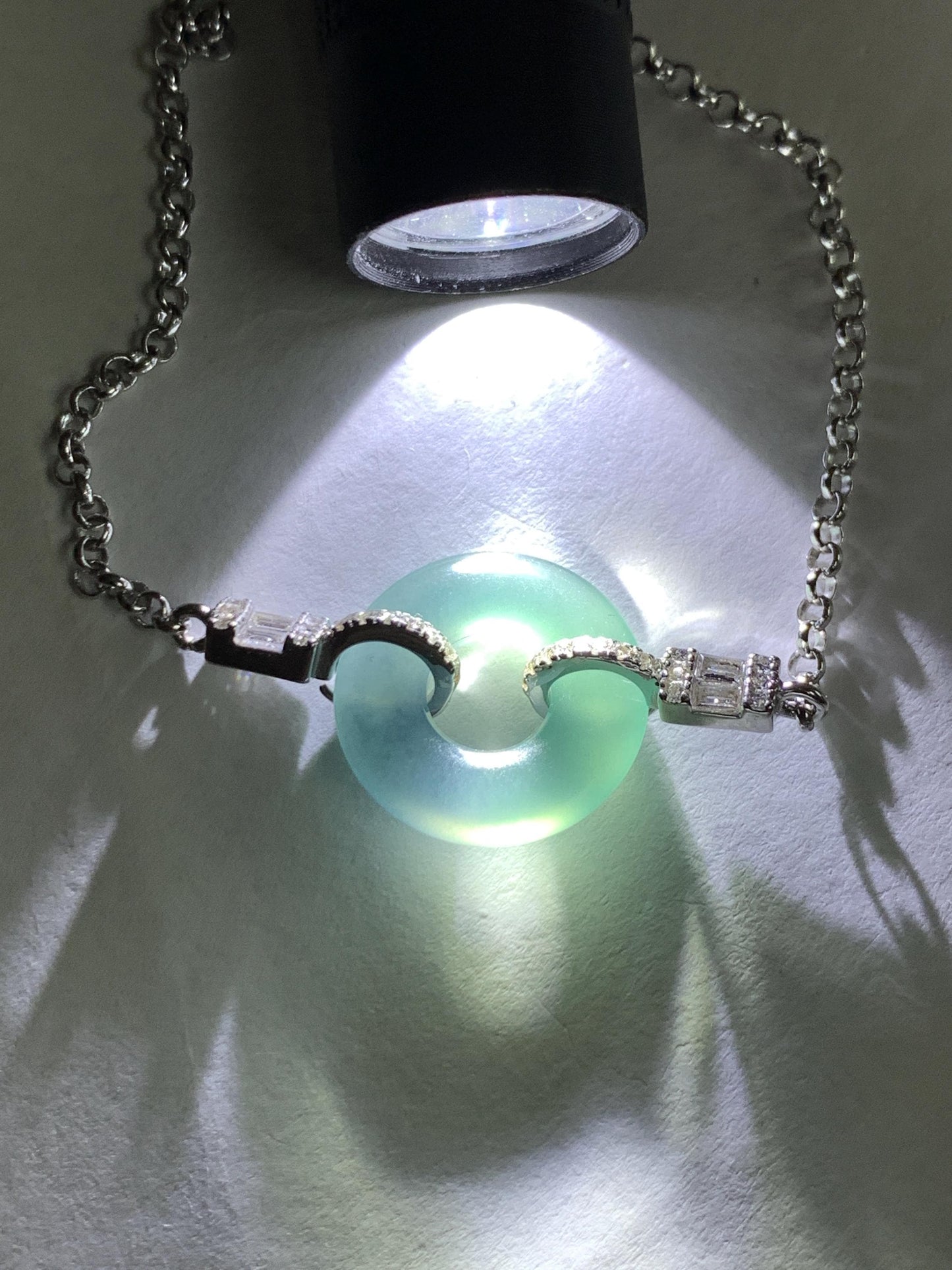 Natural Grade A Guatemalan Icy Translucent Light Teal Jade Jadeite Ping An Kou Donut Bracelet Sterling Silver 6.5”-7.5” 天然冰危蓝翡翠平安扣手链 WSL160A