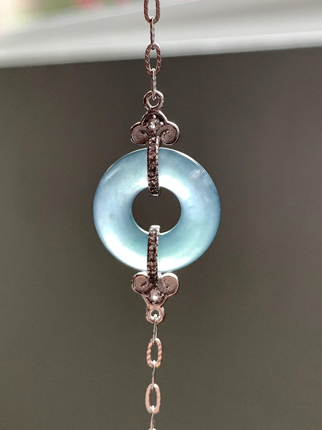 Natural Grade A Guatemalan Icy Translucent Teal Blue Jade Jadeite Ping An Kou Donut Bracelet Sterling Silver 6.25”-7.25” 天然冰危蓝翡翠平安扣手链WSL160B