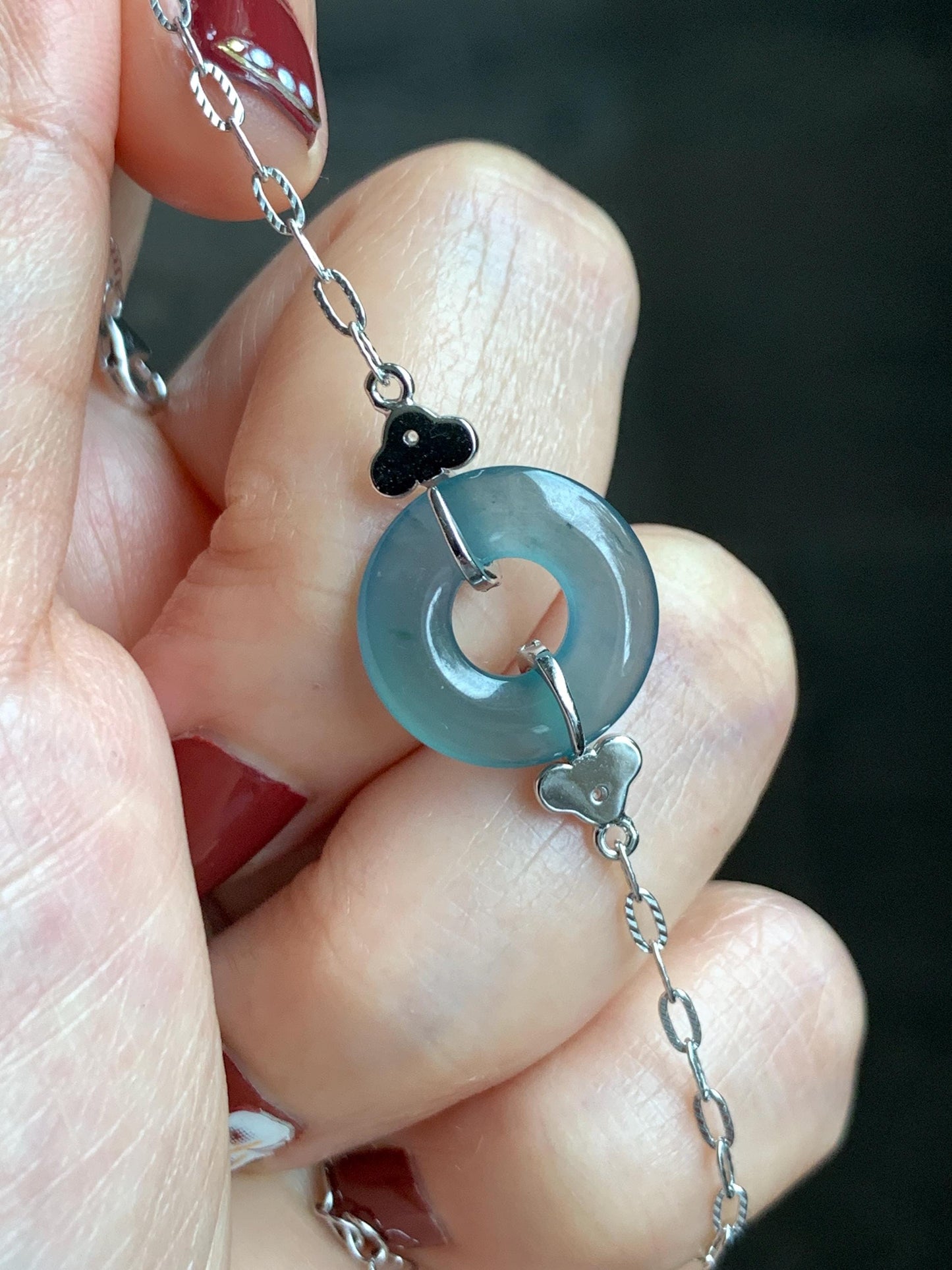 Natural Grade A Guatemalan Icy Translucent Teal Blue Jade Jadeite Ping An Kou Donut Bracelet Sterling Silver 6.25”-7.25” 天然冰危蓝翡翠平安扣手链WSL160B