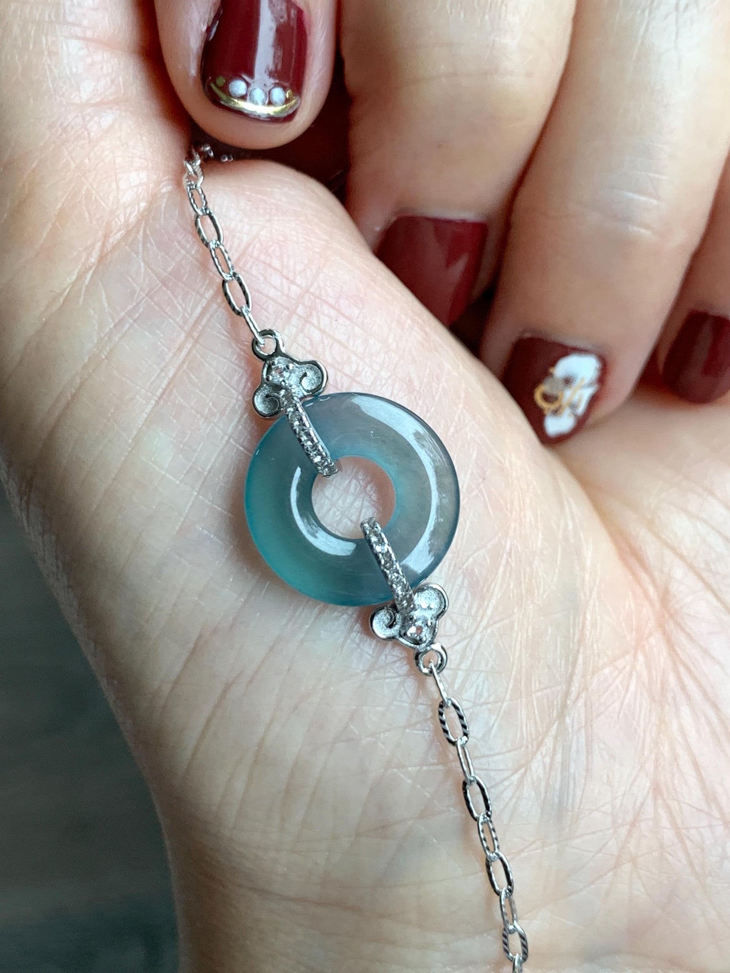 Natural Grade A Guatemalan Icy Translucent Teal Blue Jade Jadeite Ping An Kou Donut Bracelet Sterling Silver 6.25”-7.25” 天然冰危蓝翡翠平安扣手链WSL160B