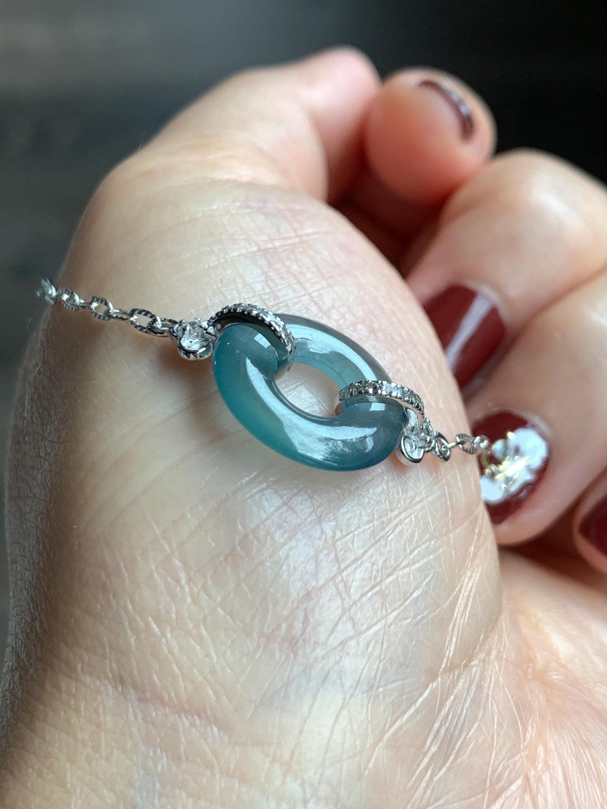 Natural Grade A Guatemalan Icy Translucent Teal Blue Jade Jadeite Ping An Kou Donut Bracelet Sterling Silver 6.25”-7.25” 天然冰危蓝翡翠平安扣手链WSL160B