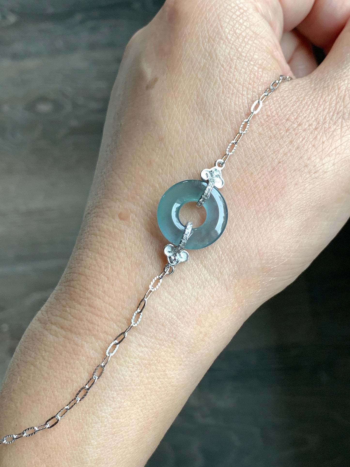 Natural Grade A Guatemalan Icy Translucent Teal Blue Jade Jadeite Ping An Kou Donut Bracelet Sterling Silver 6.25”-7.25” 天然冰危蓝翡翠平安扣手链WSL160B