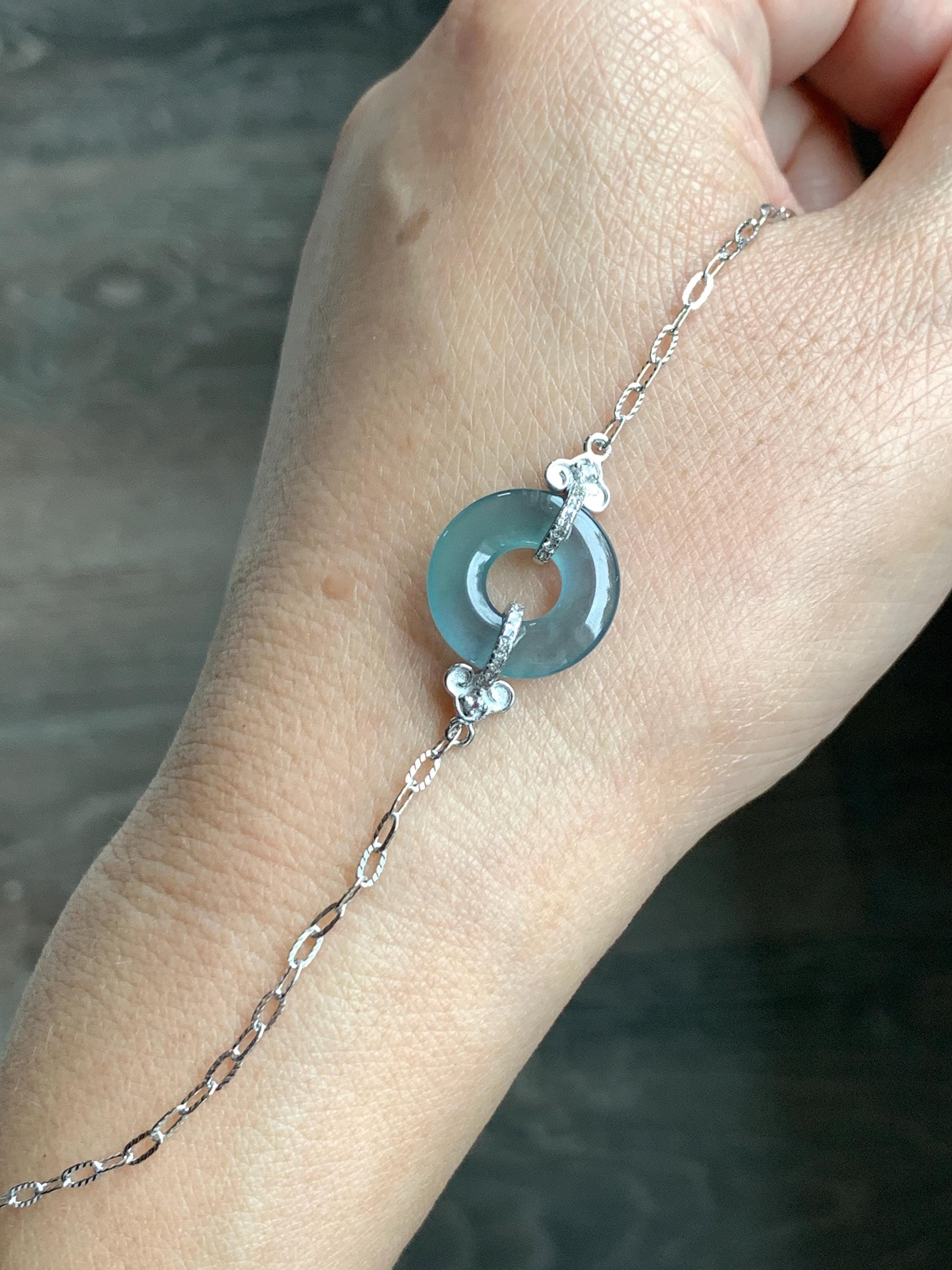 Natural Grade A Guatemalan Icy Translucent Teal Blue Jade Jadeite Ping An Kou Donut Bracelet Sterling Silver 6.25”-7.25” 天然冰危蓝翡翠平安扣手链WSL160B